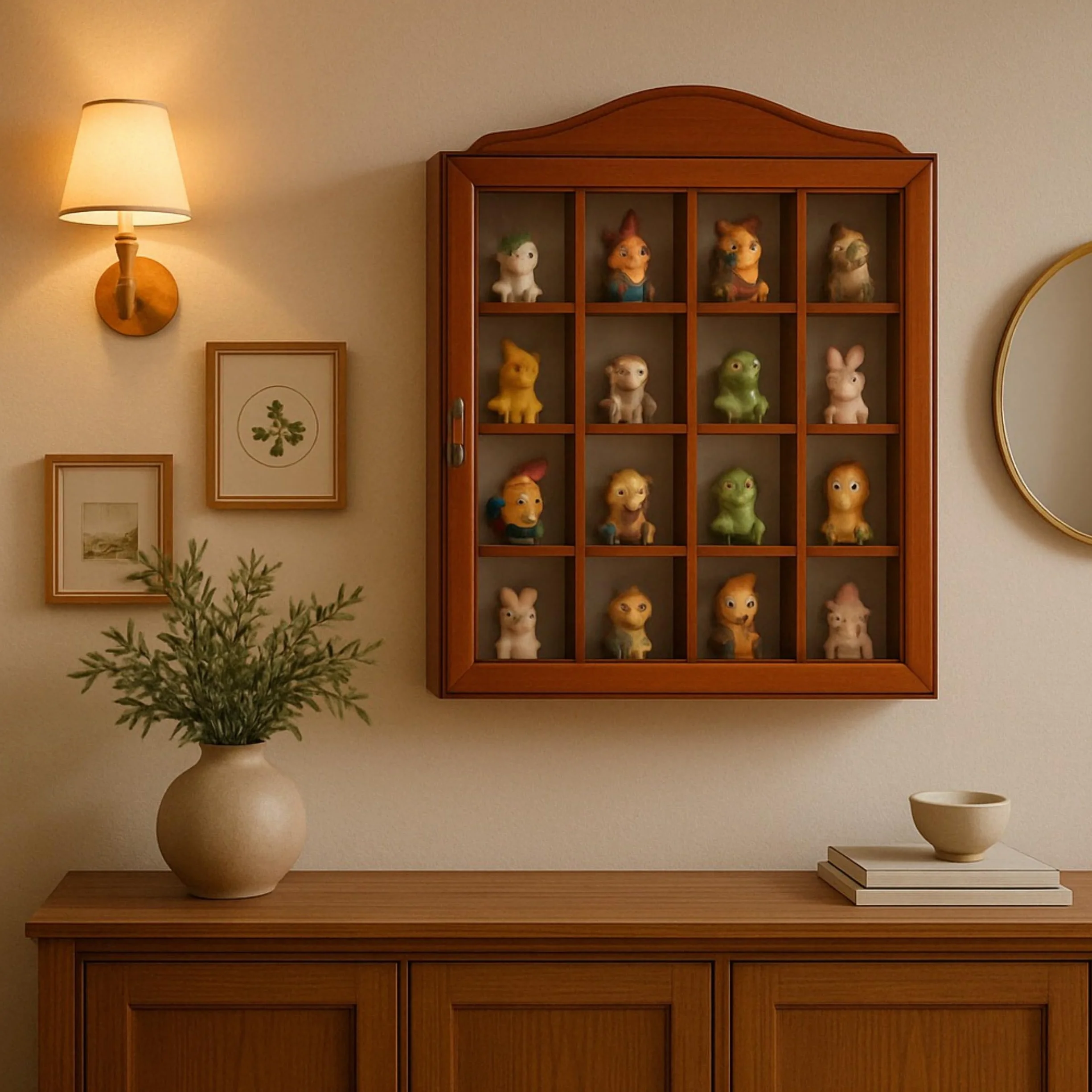 Vitrine murale en bois et verre, fermeture magnétique, 42 cm.