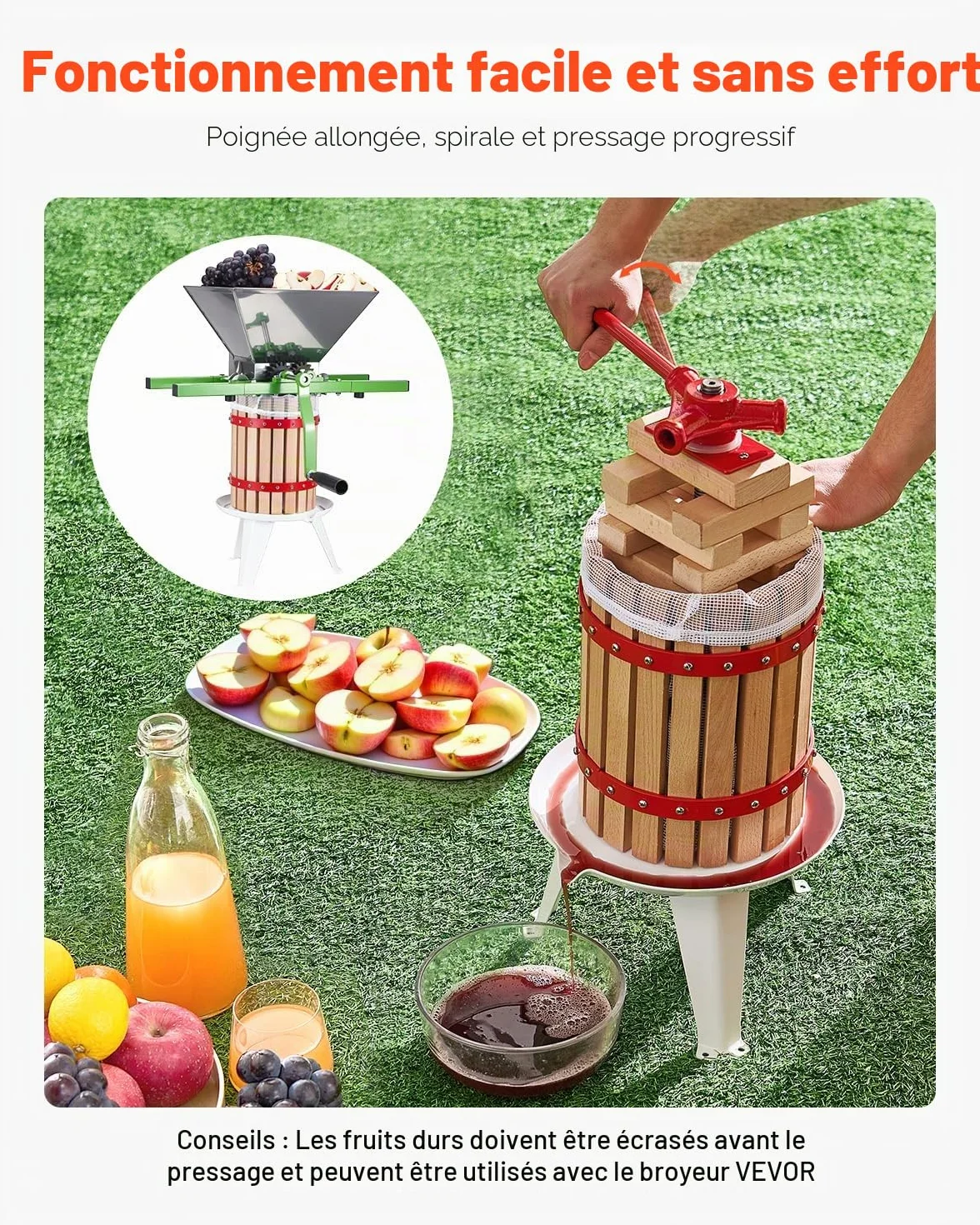 VEVOR Pressoir à Fruits Manuel 6 L, Presse à Vin avec Panier en Bois Massif avec 8 Blocs, Presse-Agrumes avec Poignée, Presse à Jus, Raisin, Cidre de Pomme, Miel pour la Cuisine et la Maison