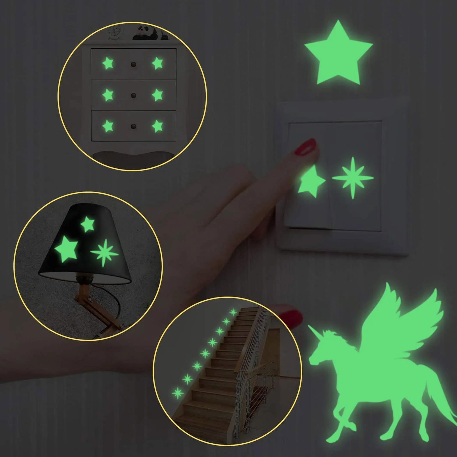 Autocollants Muraux Lumineux Étoiles Lune Fluorescentes pour Chambre Bébé Fille Enfants Décoration Plafond Vert