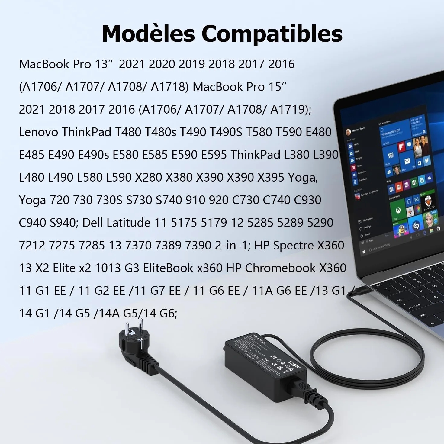 Chargeur USB C 100W, Adaptateur Type C pour MacBook Pro/Air Lenovo Thinkpad Dell Latitude HP Chromebook