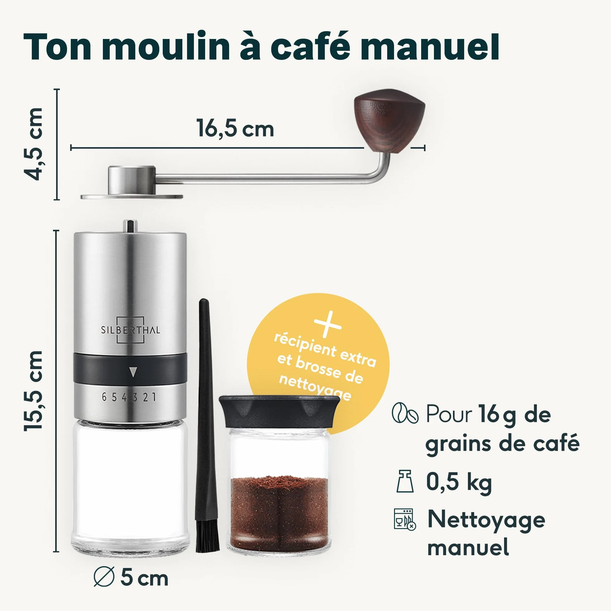 SILBERTHAL Moulin A Café Manuel - Acier INOX - 6 Niveaux Réglables - Broyeur Portable Grains De Café - avec Récipient De Stockage Et Brosse de Nettoyage