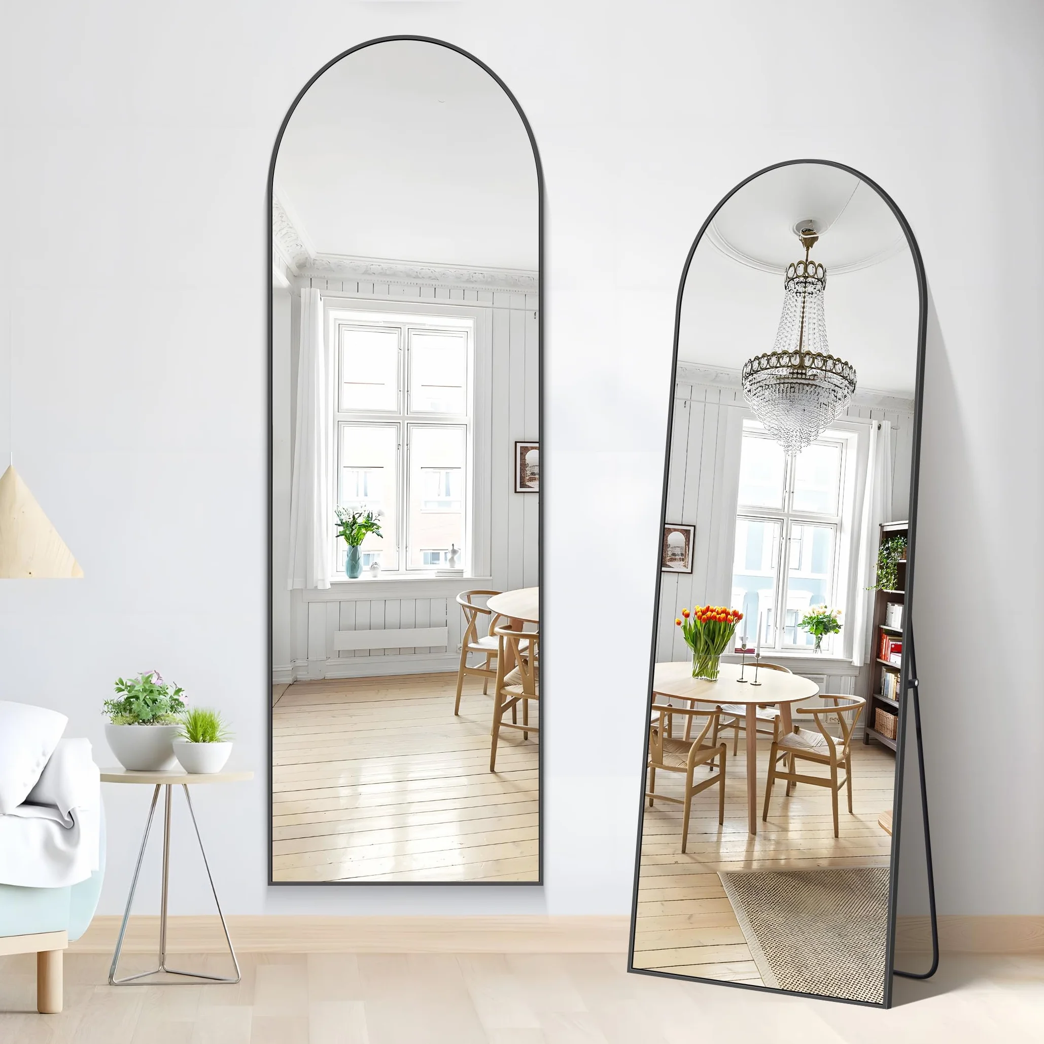 Miroir sur Pied 161 x 52 cm, Grand Miroir Mural en Pleine Longueur avec Cadre en Aluminium Noir, Miroir Arqué pour Salle de Bain, Chambre, Entrée et Couloir