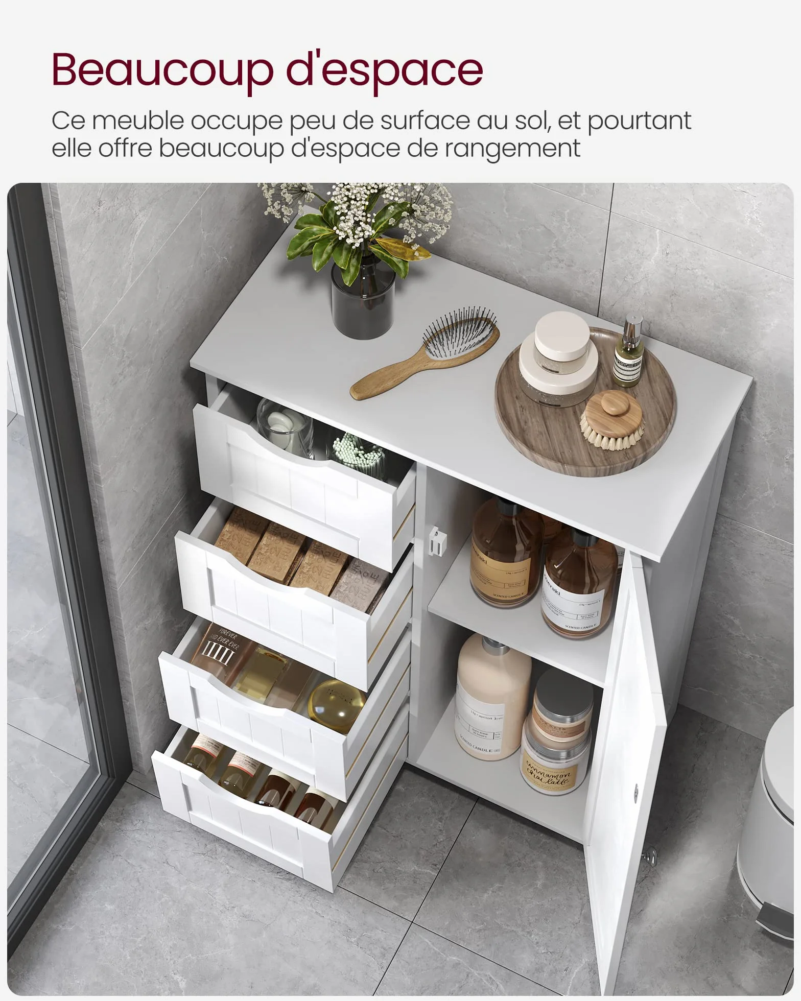 VASAGLE Meuble Salle de Bain Rangement, Armoire Gain de Place, Commode, avec 4 Tiroirs, Placard avec Porte, Étagère Réglable, 30 x 55 x 82 cm, Blanc Nuage LHC41W