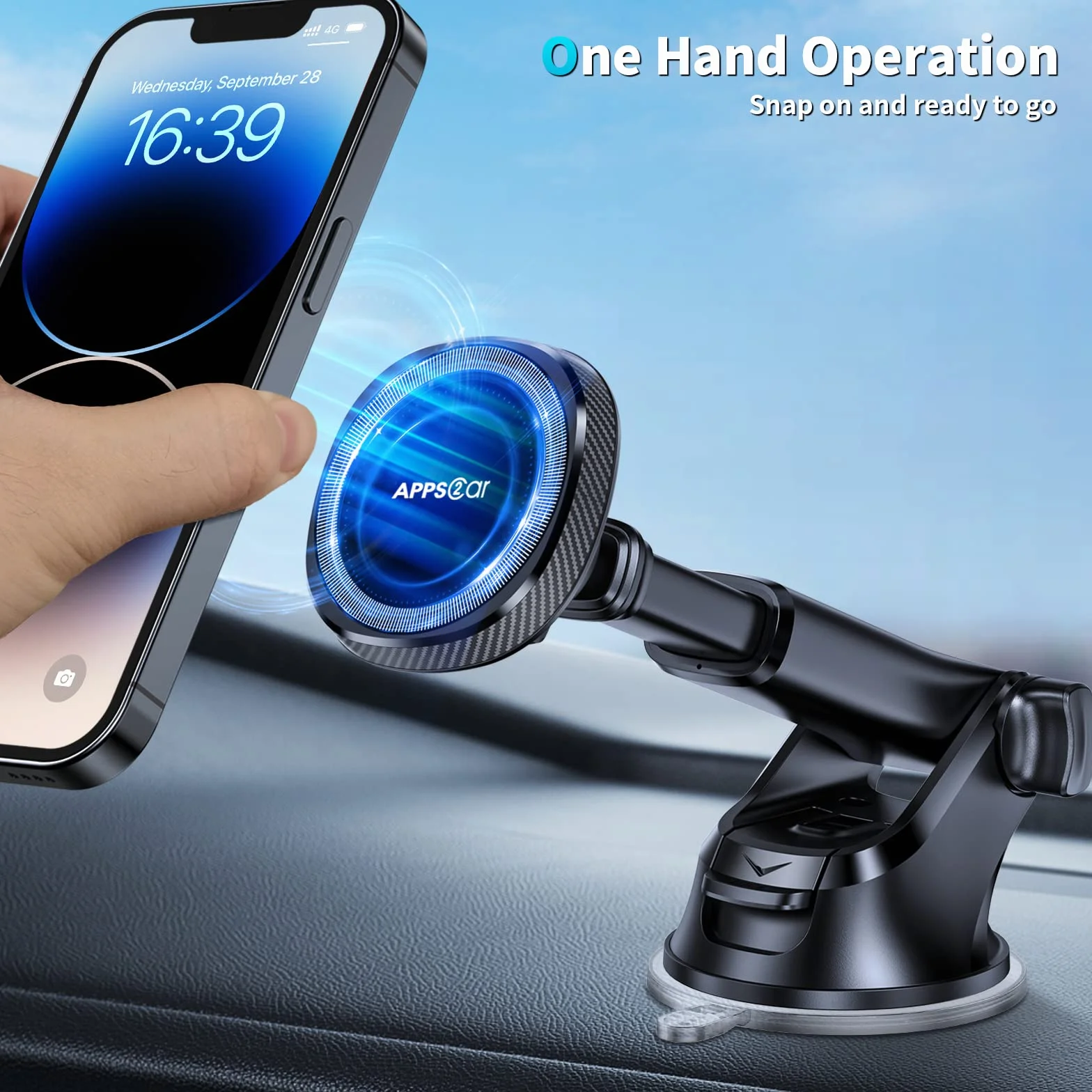 APPS2Car Mag-Safe uchwyt samochodowy, magnetyczny uchwyt na telefon do deski rozdzielczej samochodu, uchwyt samochodowy kompatybilny z iPhone 15, 14, 13, 12 Pro, Plus, Max, Mini MagSafe, 17 silnych