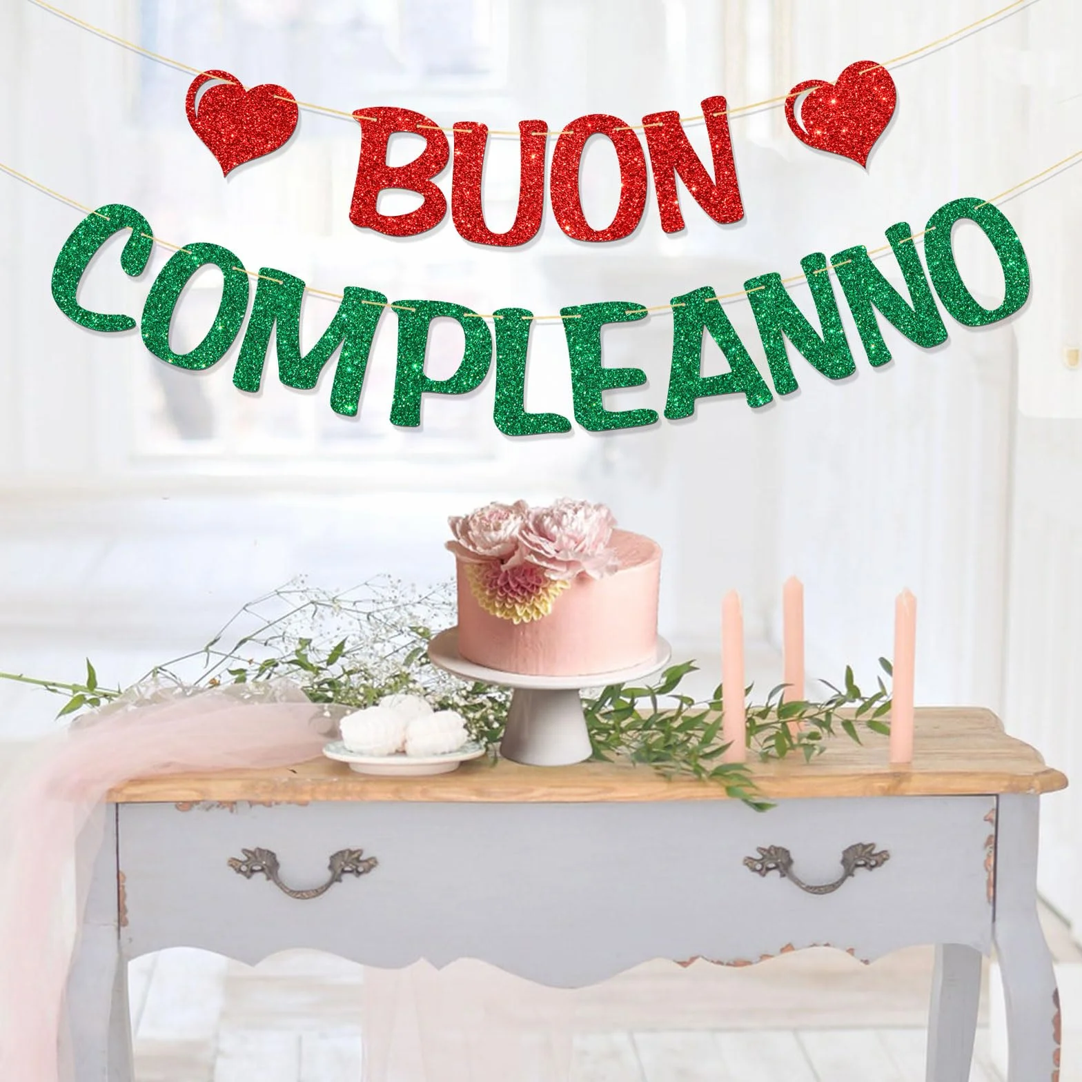 Bannière Buon Compleanno – Décorations de fête d'anniversaire italiennes – Paillettes rouges et vertes