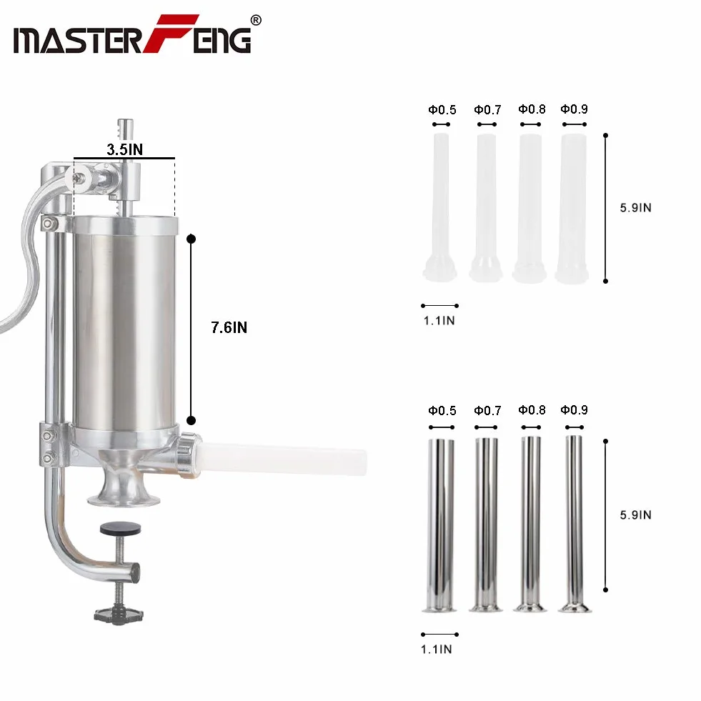 Poussoir à Saucisse, en Aluminium Inoxydable Machine à Saucisses Professionnelle Manuel Poussoir à Viande avec 8 Tubes (2.5LBS/1.5L (Vertical))