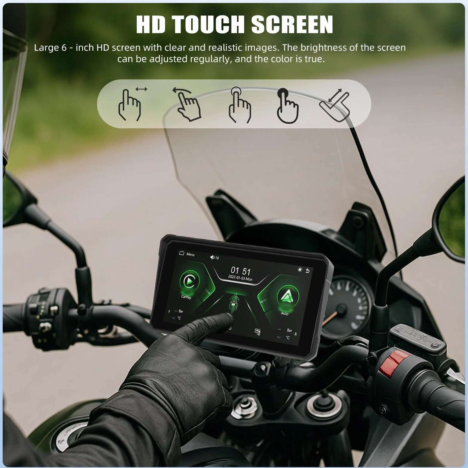 Carplay przenośny wyświetlacz motocyklowy Carplay, z systemem Android, bezprzewodowy, IP68, wodoszczelny, wyświetlacz GPS CarPlay, kompatybilny z Bluetooth, Mirrorlink, Siri