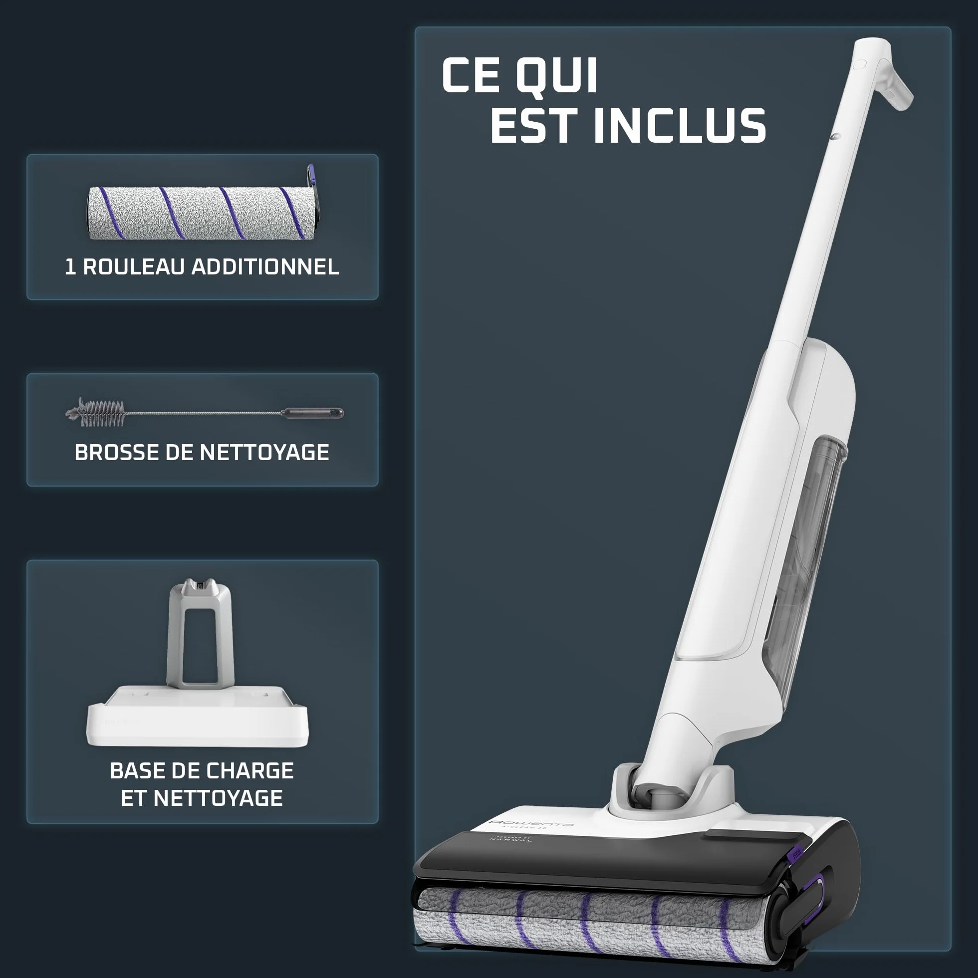 Rowenta Aspirateur Laveur sans fil X-Clean 10 180° Plat Auto-Nettoyage 65°C 60min Blanc GZ7540WO