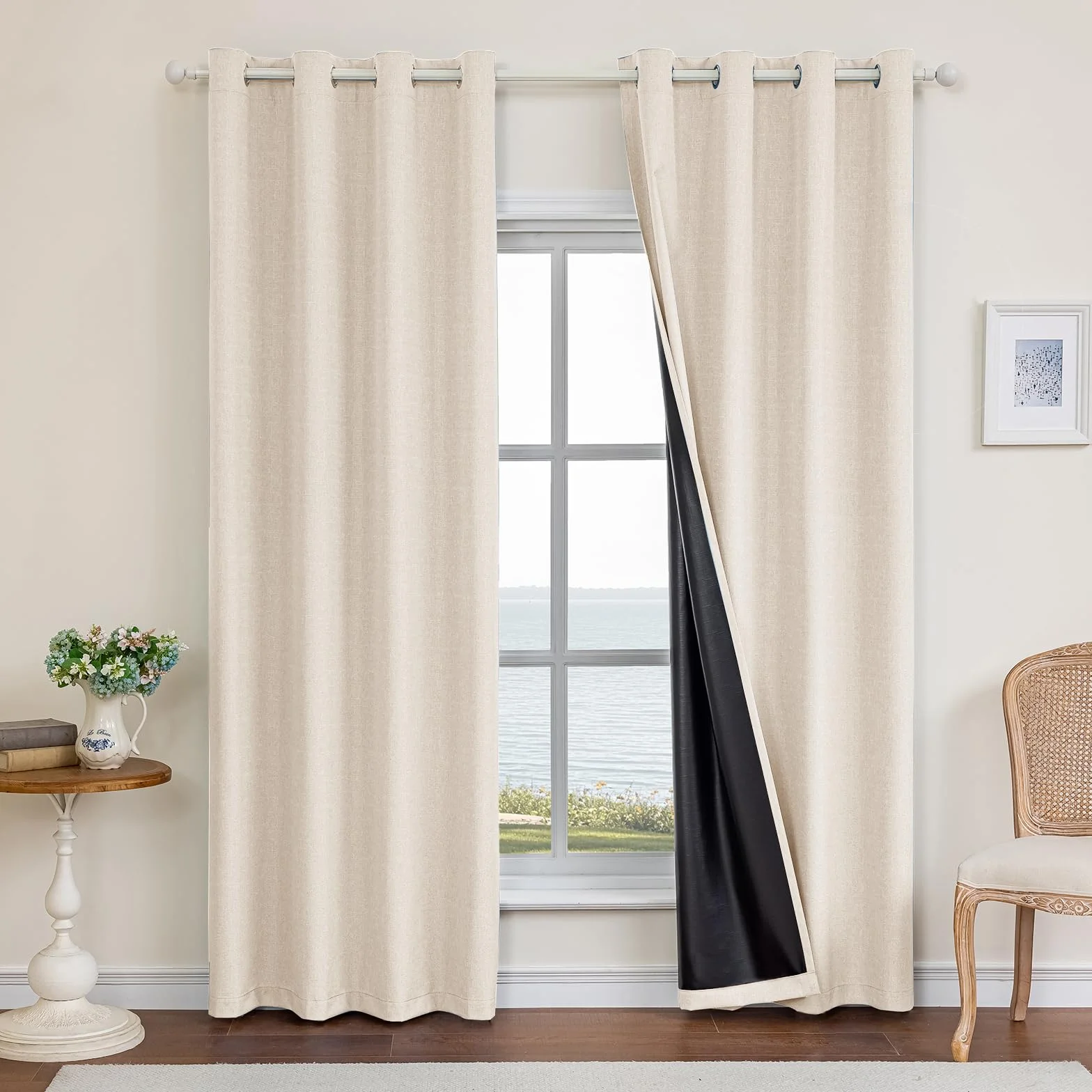 Rideau Occultant Lot de 2 140x200cm Effet Lin Thermique Isolant Anti Froid Chaleur Anti Bruit Anti UV avec Oeillet Beige