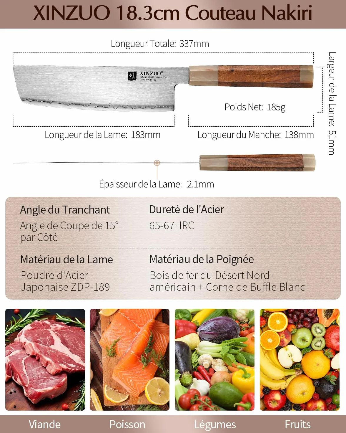XINZUO Acier Japonais Couteau Nakiri 18.3cm Couteau de Cuisine, Forgé à la Main Couteau à Légumes Japonais ZDP-189 Acier, Lames Bien Tranchantes Couteau de Chef -Poignée en Bois de Fer du Désert