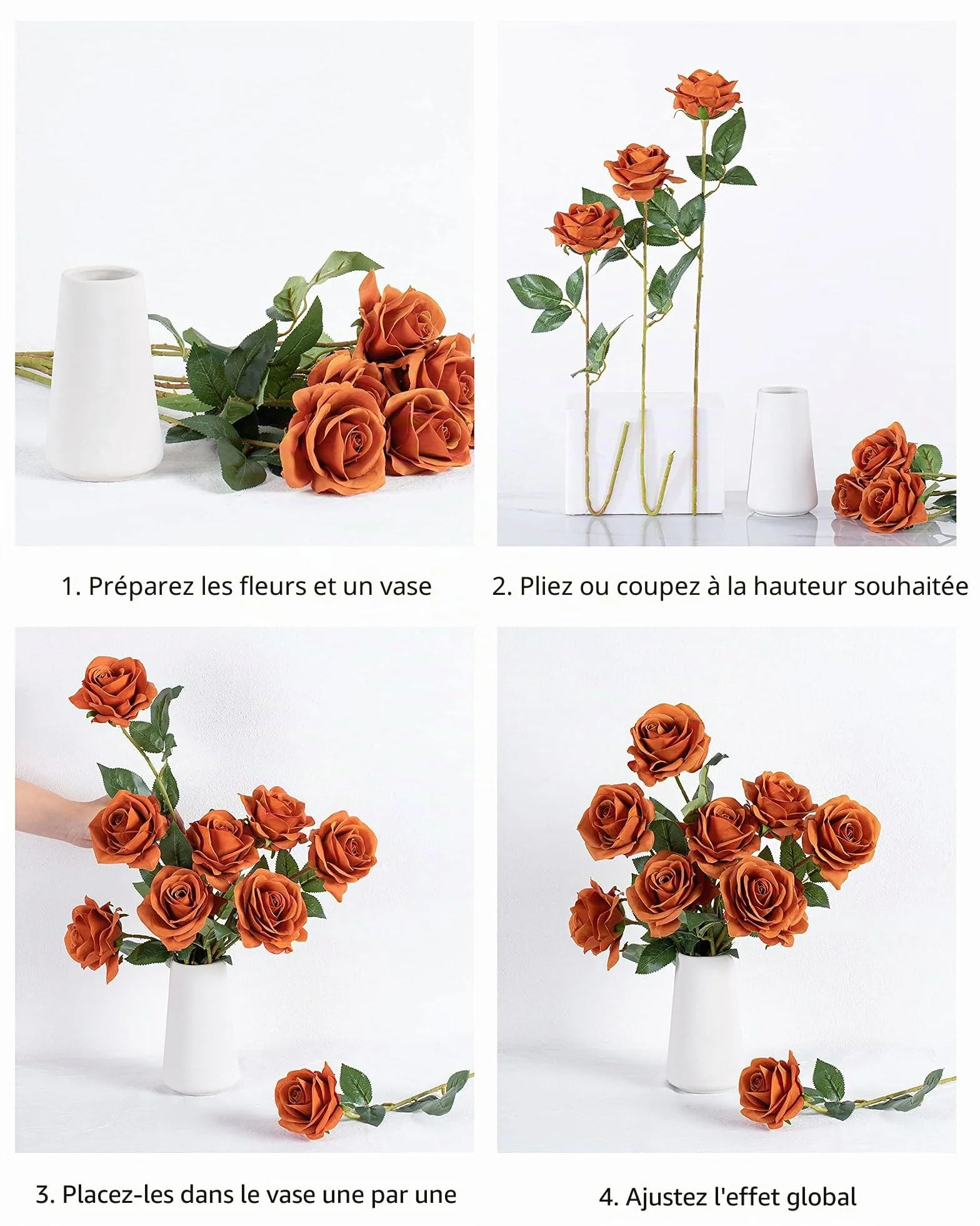 DuHouse Lot de 10 Roses artificielles en Soie pour Arrangement de Mariage, Décoration d'Intérieur (Orange brûlé)