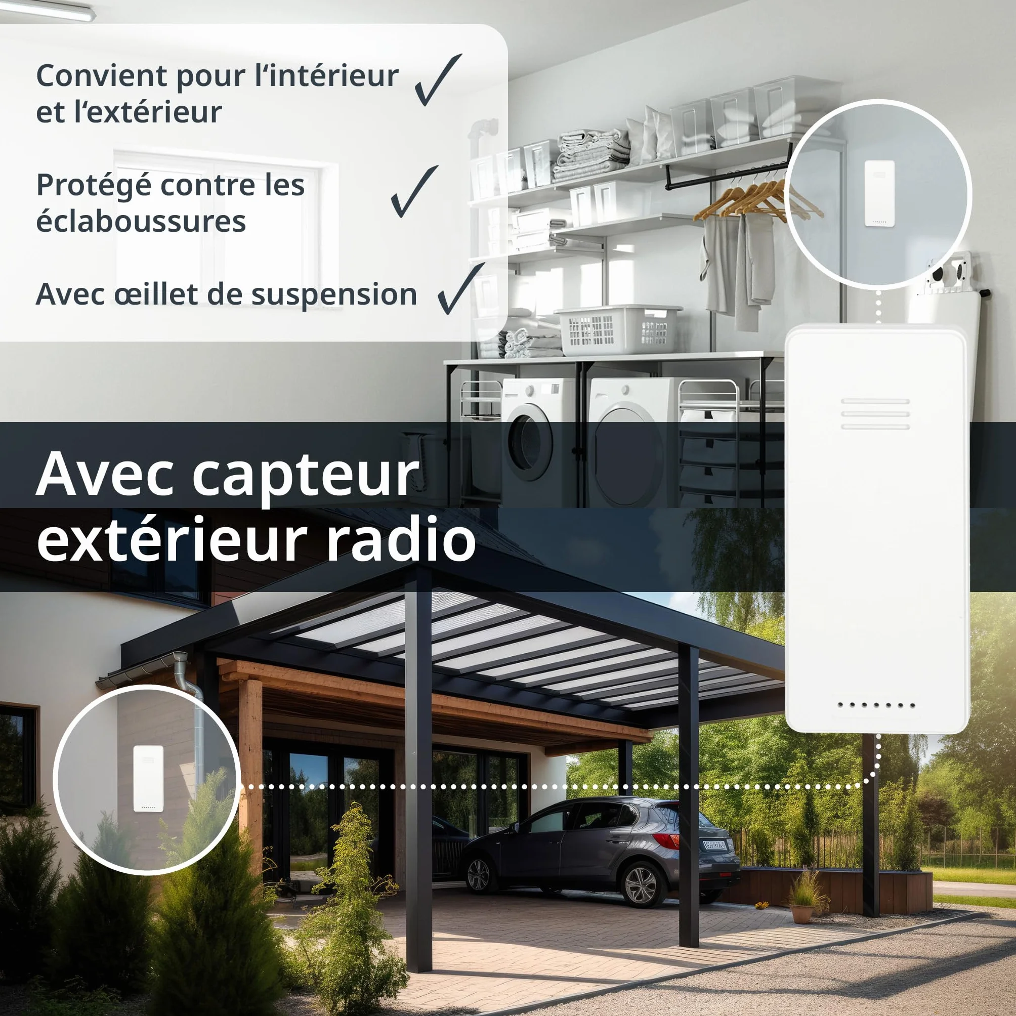 Station météo numérique sans fil ADE avec capteur extérieur, thermomètre intérieur et extérieur, horloge radio pilotée, calendrier numérique, noir