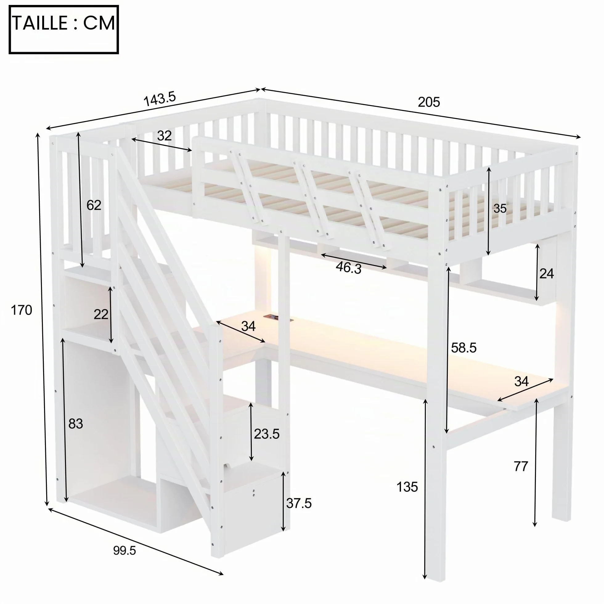 Merax Lit mezzanine 90 x 200 cm, cadre en bois massif, avec bureau, éclairage LED et prise USB, lit pour enfant/adolescent, avec espace de rangement, lit simple, peu encombrant, blanc (sans matelas)