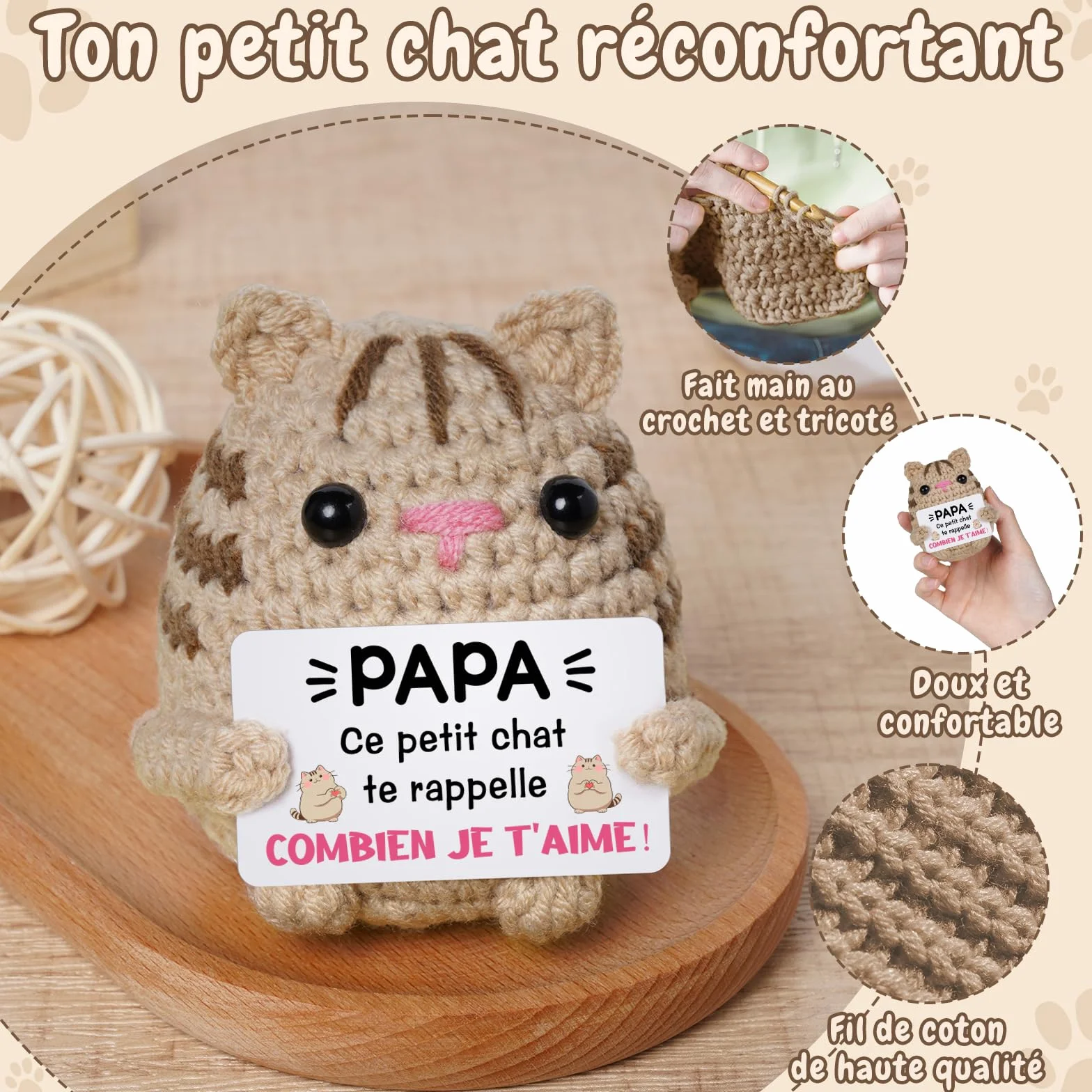 Chat au Crochet Cadeau Fete des Peres Papa 7x7x7.5cm