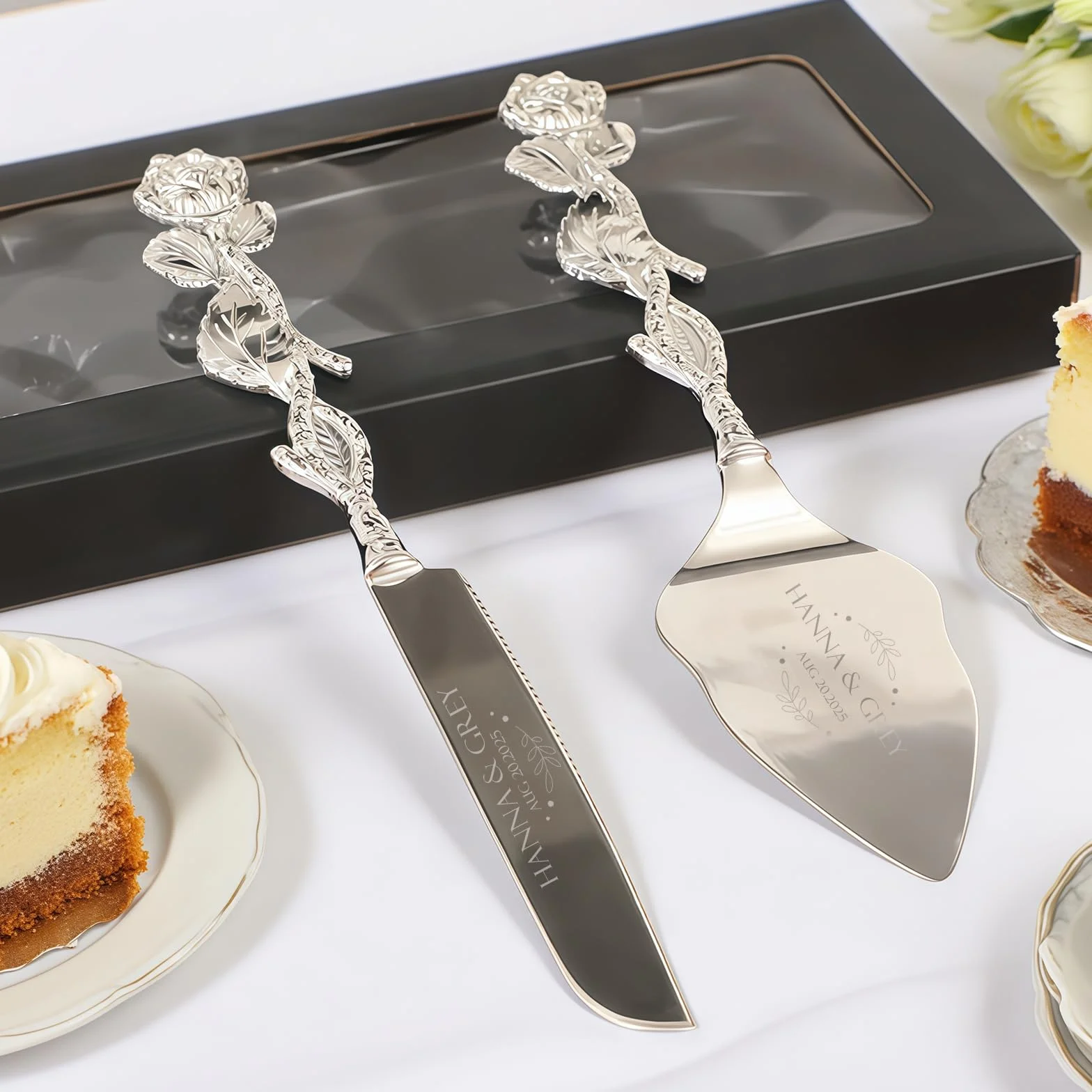 Service à gâteau mariage couteau pelle dorés personnalisés cadeau anniversaire