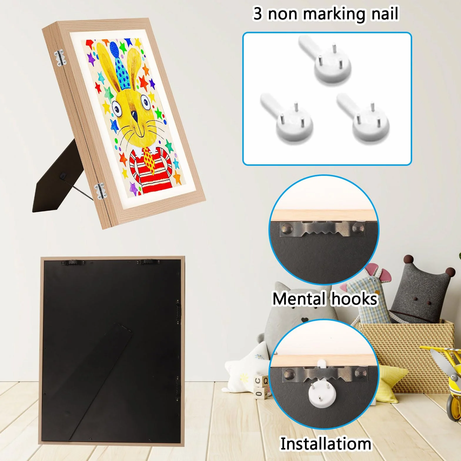 FIVAVA 2 Pièce Cadre Dessin Enfant A4 à Remplir 50-150 Images, Cadre Pliant pour Dessins d'Enfants, Bois