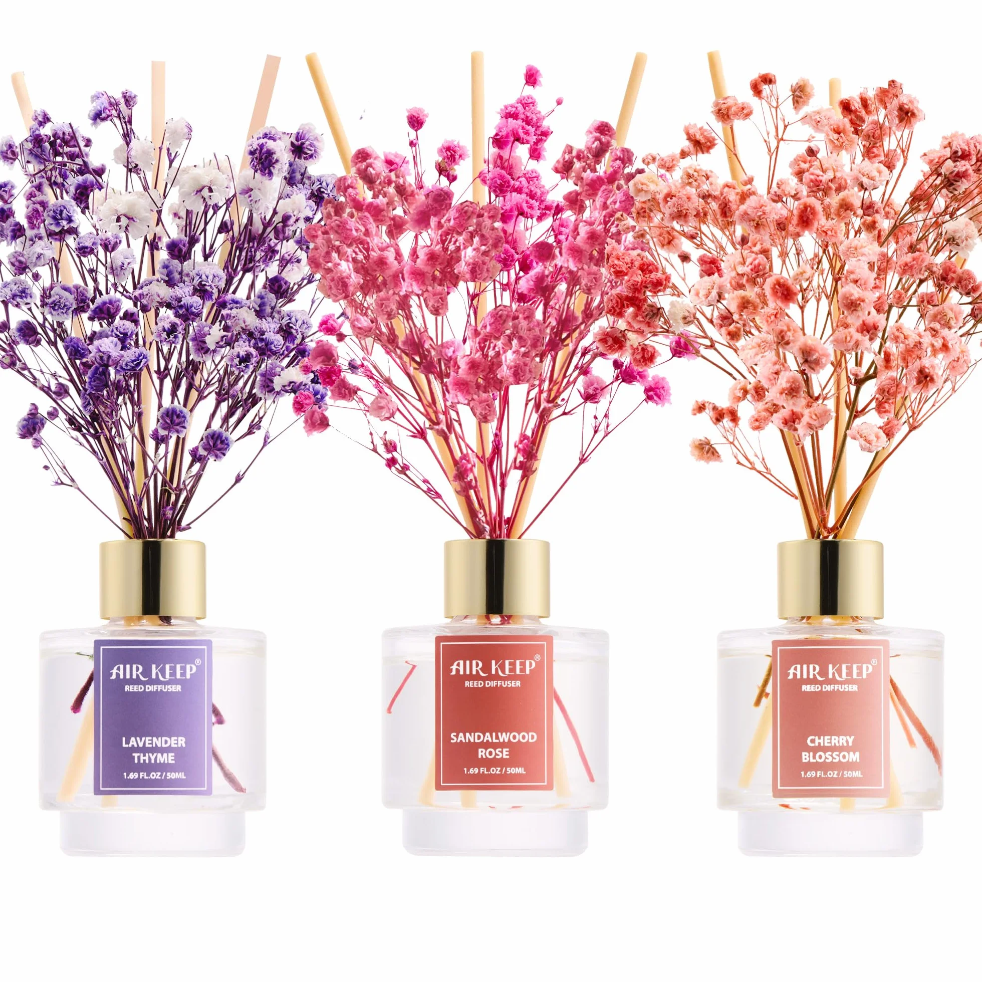 Airkeep Diffuseur de Parfum 50ml*3 Lavender Thyme Sandalwood Rose Cherry Blossom avec 24 Bâtonnets