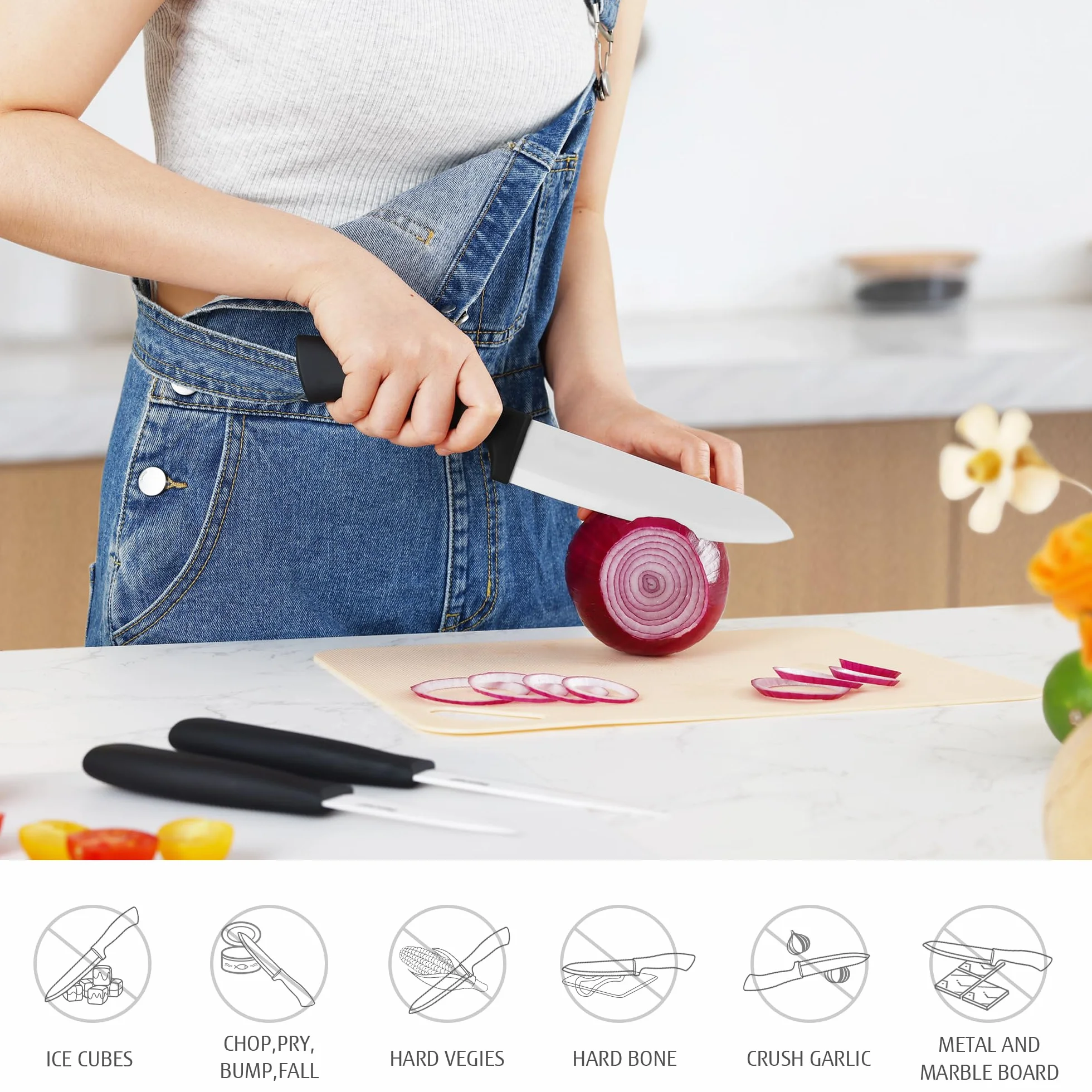 Couteau Céramique Cuisine 3 Pièces Set, 6" Chef, 4" Fruits, 3" Office Blanc