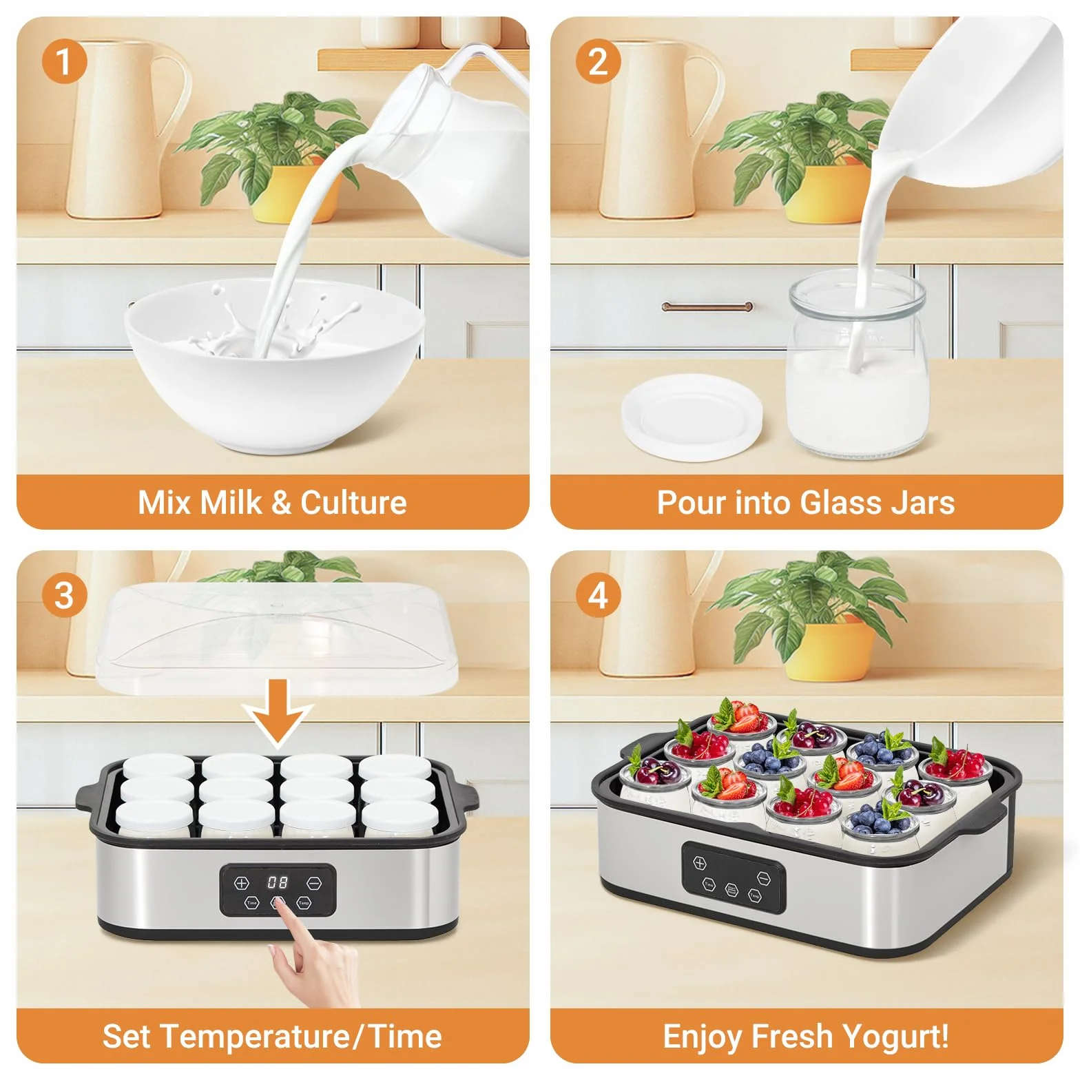 Todeco Yaourtière Électrique avec 12 Pots en Verre de 180ml, Machine à Yaourt Maison en Acier Inoxydable, Écran LCD, Thermostat Réglable et Minuterie, pour Préparer du Yaourt Grecs et Aromatisés