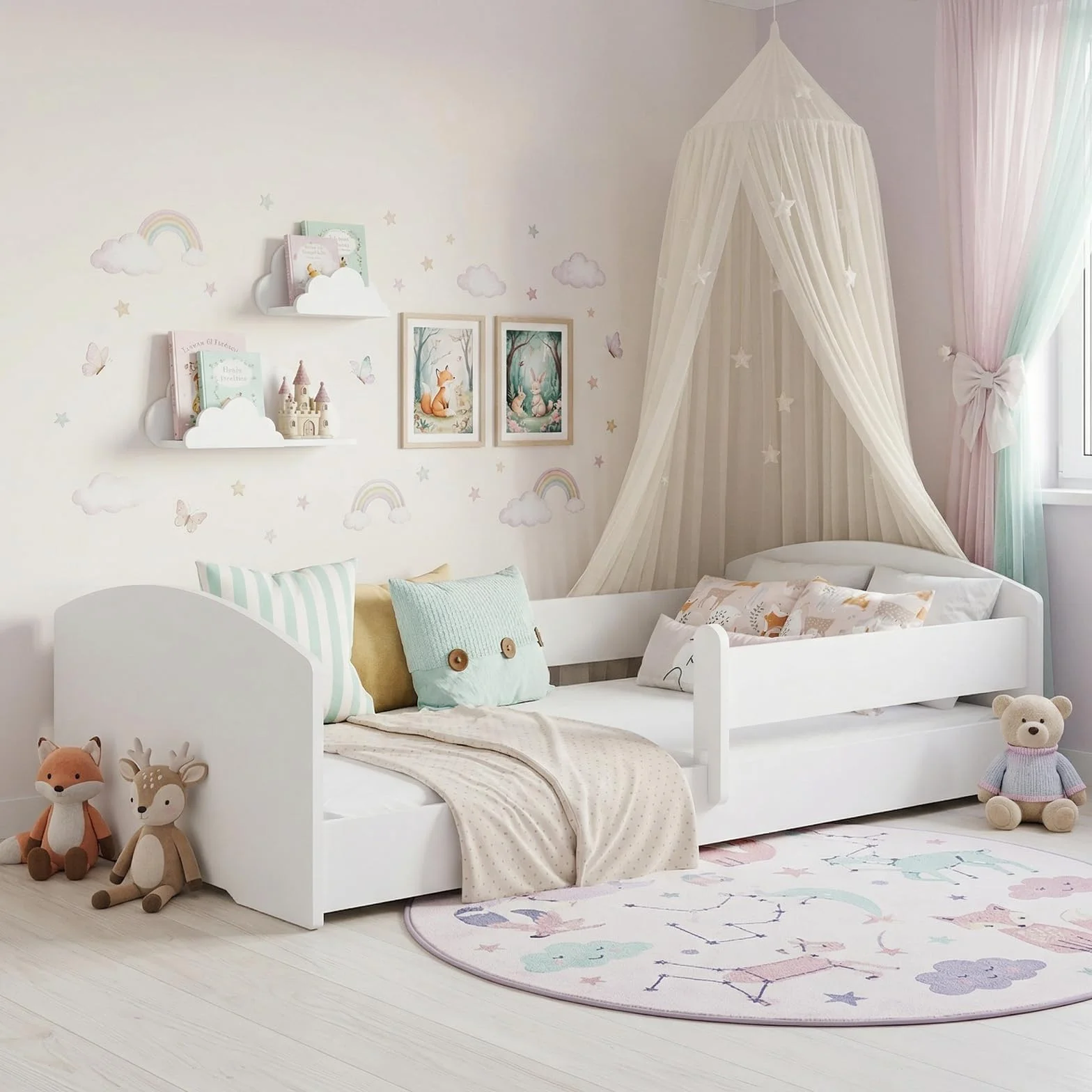 KOBI Lit Enfant Montessori Leo 140x70 avec Matelas et barrière Amovible – lit Bas sécurisé Blanc pour Chambre bébé et Enfant Style scandinave