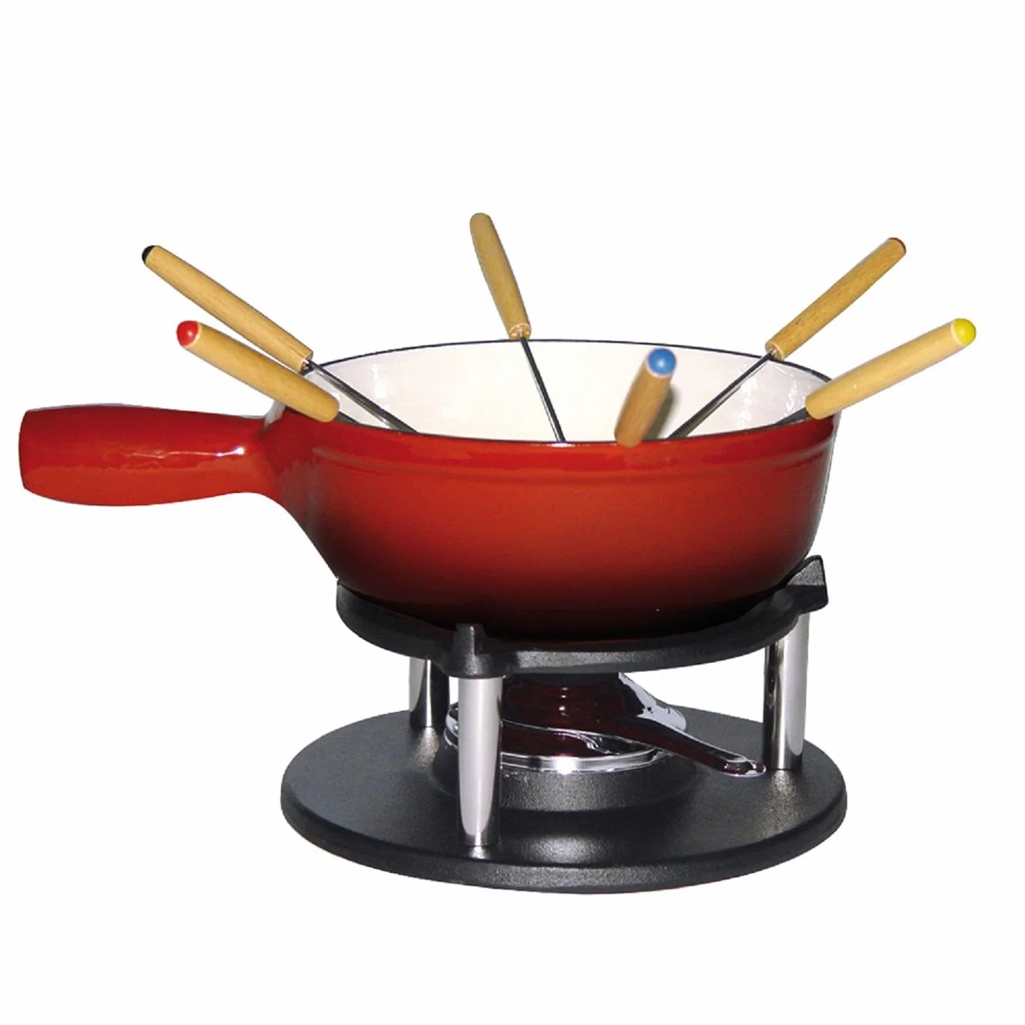 Baumalu, Service à Fondue Savoyarde en Fonte Émaillée Rouge, 20 cm, pour 6 personnes, comprenant 1 réchaud, 1 brûleur, 1 caquelon et 6 fourchettes