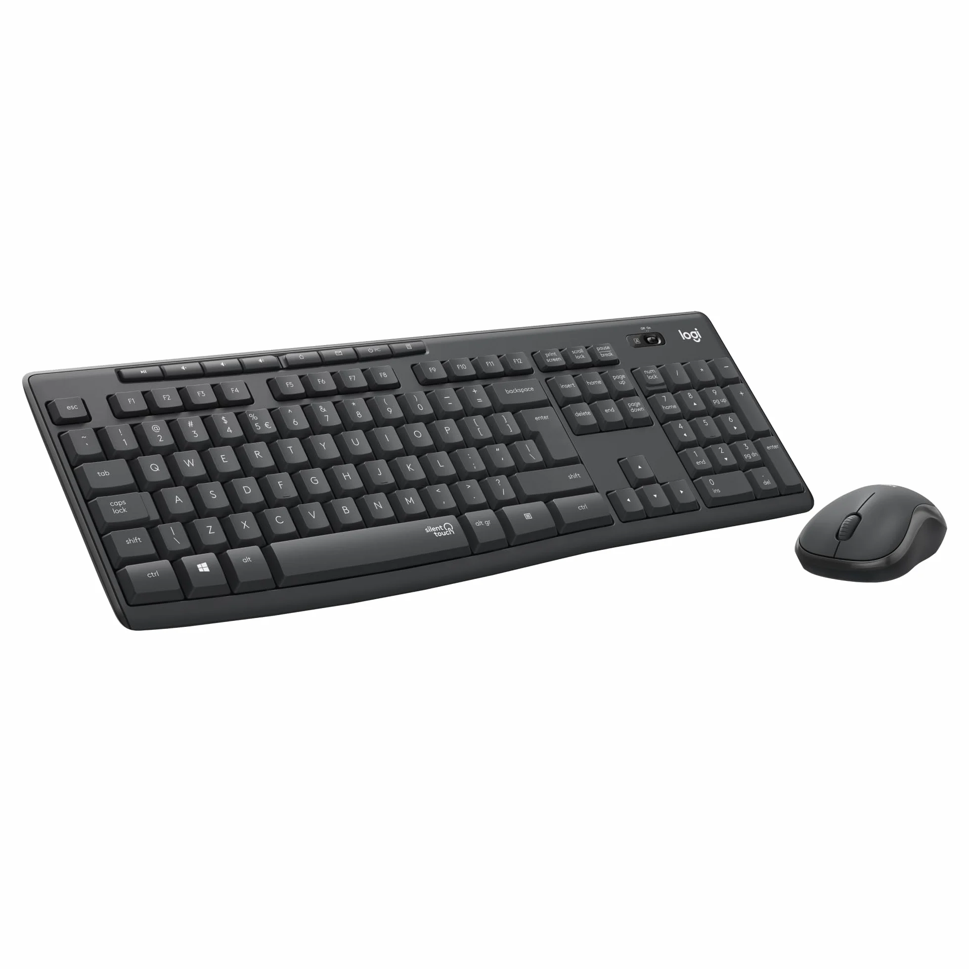 Logitech MK295 Silent, zestaw myszy i klawiatury z technologią SilentTouch, pełną klawiaturą num., zaaw. czujnikiem opt., łącznością bezprzew. bez opóźnień, 90% cichszą pracą, QWERTY US Intl - Szary