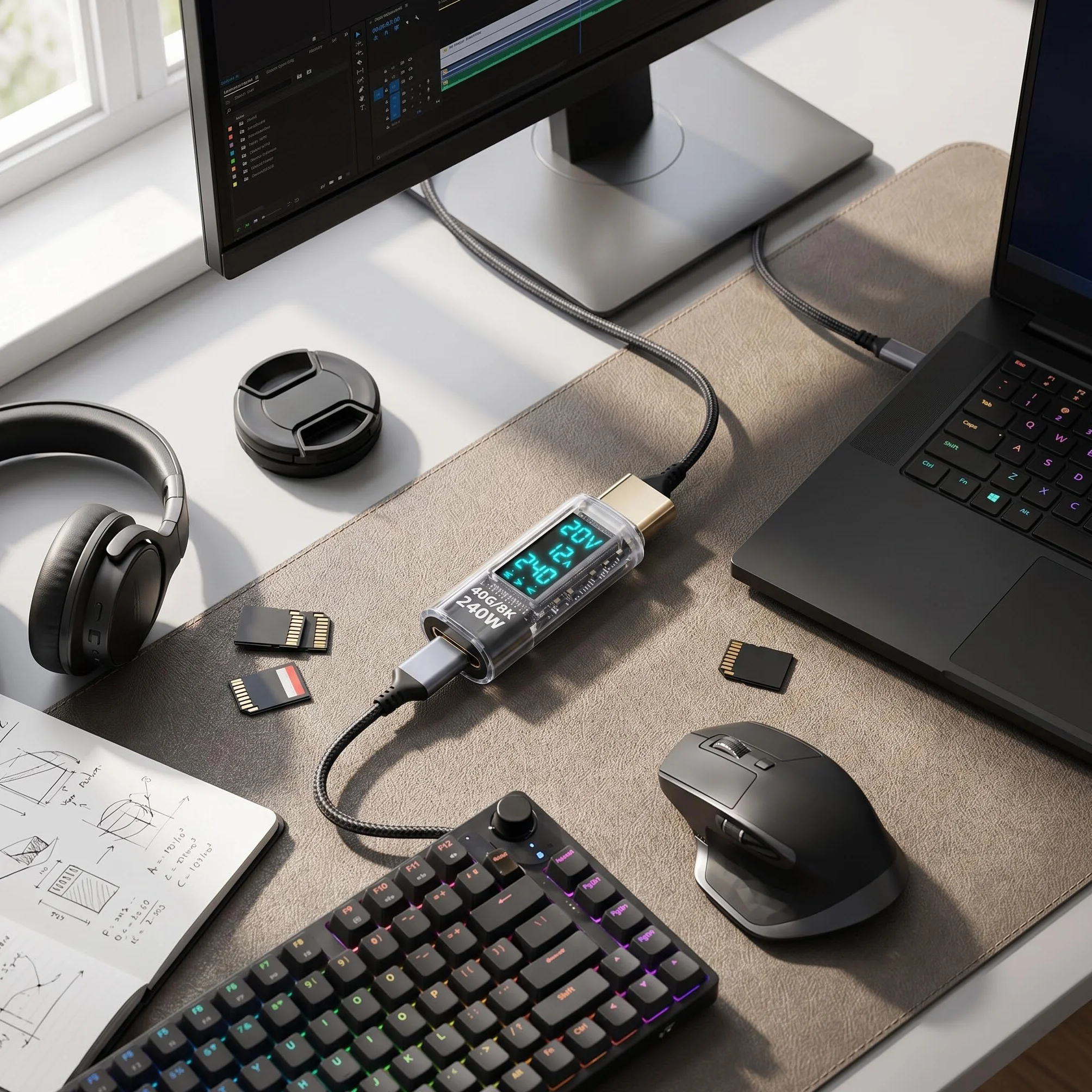 Miernik Mocy Adaptera USB C, Tester Miernika Mocy Adaptera USB C, PD240W 60 Hz 40 Gb/s 8 K Wykryj Napięcie Prądu Zasilania, Adapter Przedłużający USB C Męski na żeński.