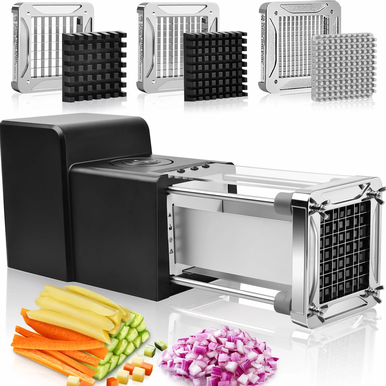 Coupe Frites Electrique, Sopito Coupe Frite Professionnel en Inox avec Lames de 6 mm, 9 mm et 12 mm, Coupe-frites Electrique pour Pommes de Terre, Concombres, Carottes et Courgettes