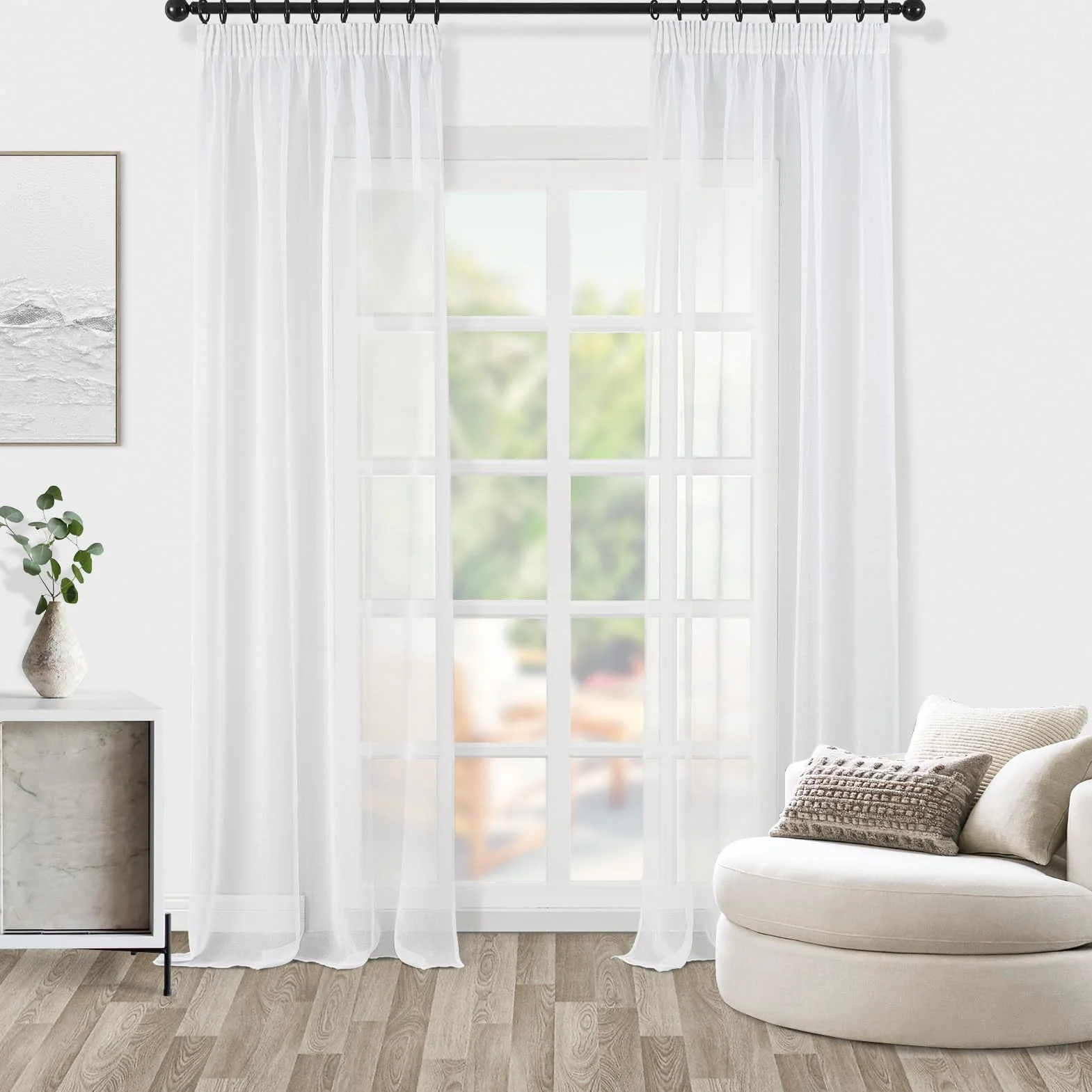 Topfinel Rideau Voilage Blanc 140x240 cm 2 Panneaux Galon Fronceur pour Rail Transparent Effet Lin Fenetre Salon