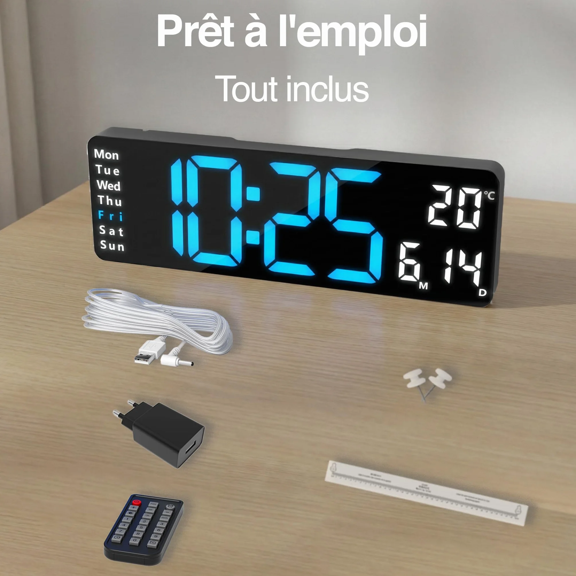 Horloge Numérique Murale Grand Affichage Chiffres LED Lisibles Silencieuse Bleu/Blanc