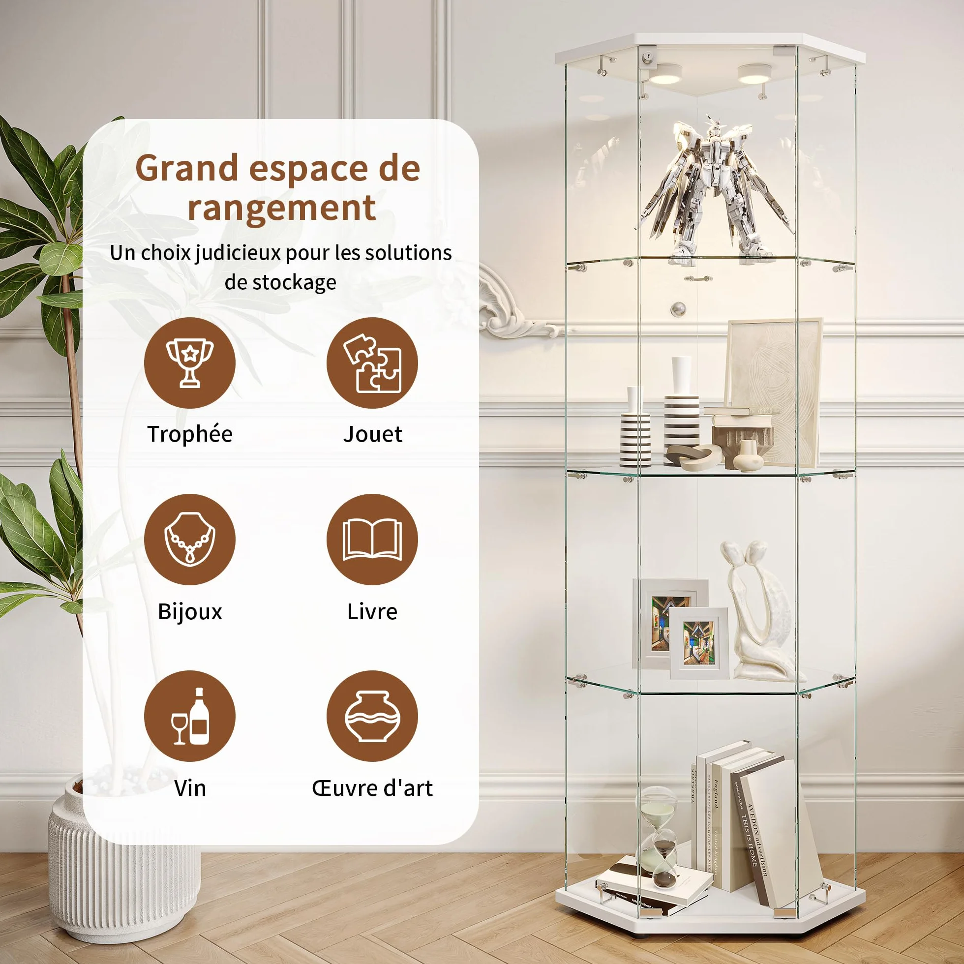 Vitrine en Verre,Vitrines d'angle en Verre avec LED,Hauteur de 162 cm Armoire de Collection en Verres à 4 Couches avec 1 Porte, vitrine trempé Transparent Moderne pour Salon, Chambre à Coucher, Bureau