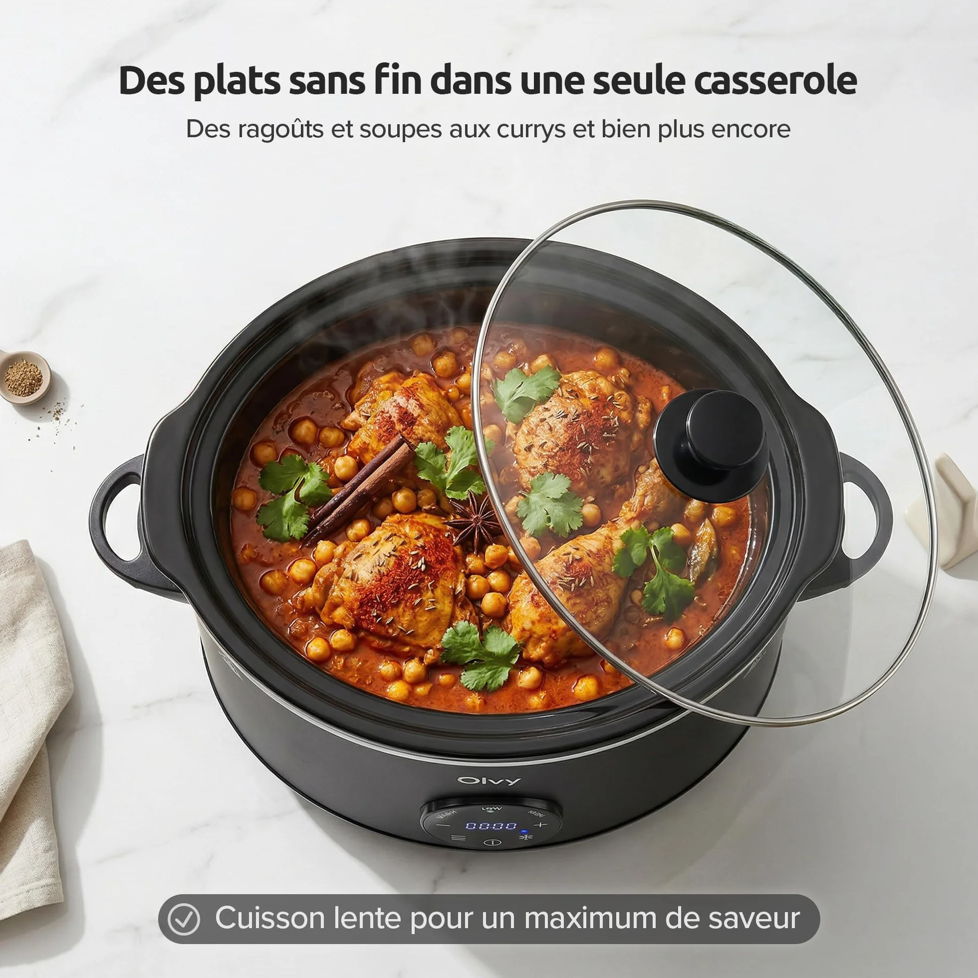 Olvy Mijoteuse numérique 6 l avec minuterie, écran tactile, fonction de maintien au chaud, fonction décongélation, minuterie 24 h, 3 niveaux, famille Meal Prep