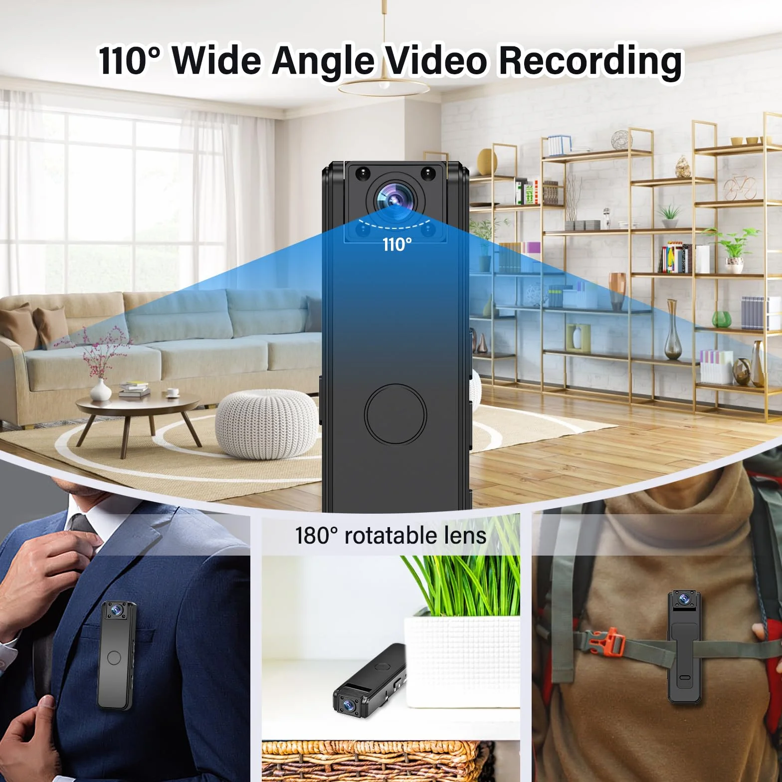Onherm Mini kamera szpiegowska z klipsem, ukryta kamera może działać bez Internetu, nagrywanie wideo i audio, 1080P HD i noktowizor, regulacja obiektywu 180°