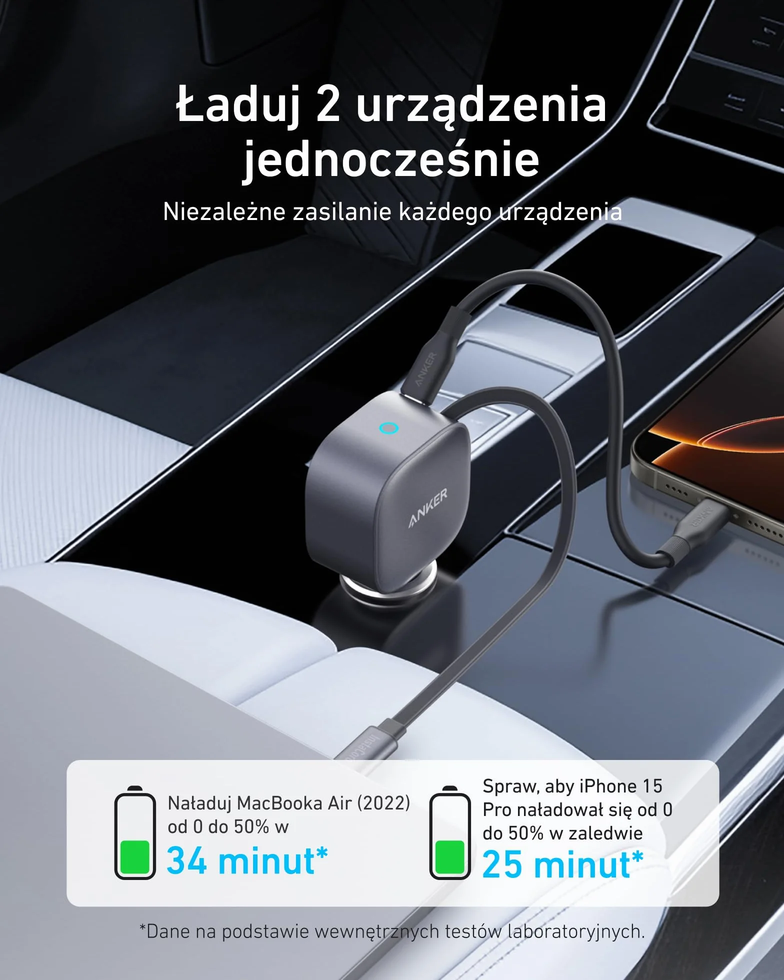 Anker ładowarka samochodowa USB-C 75W, ultrakompaktowa, z wbudowanym zwijanym kablem, szybkie ładowanie dla iPhone 16/15, MacBook Pro/Air, iPad, Galaxy, AirPods.