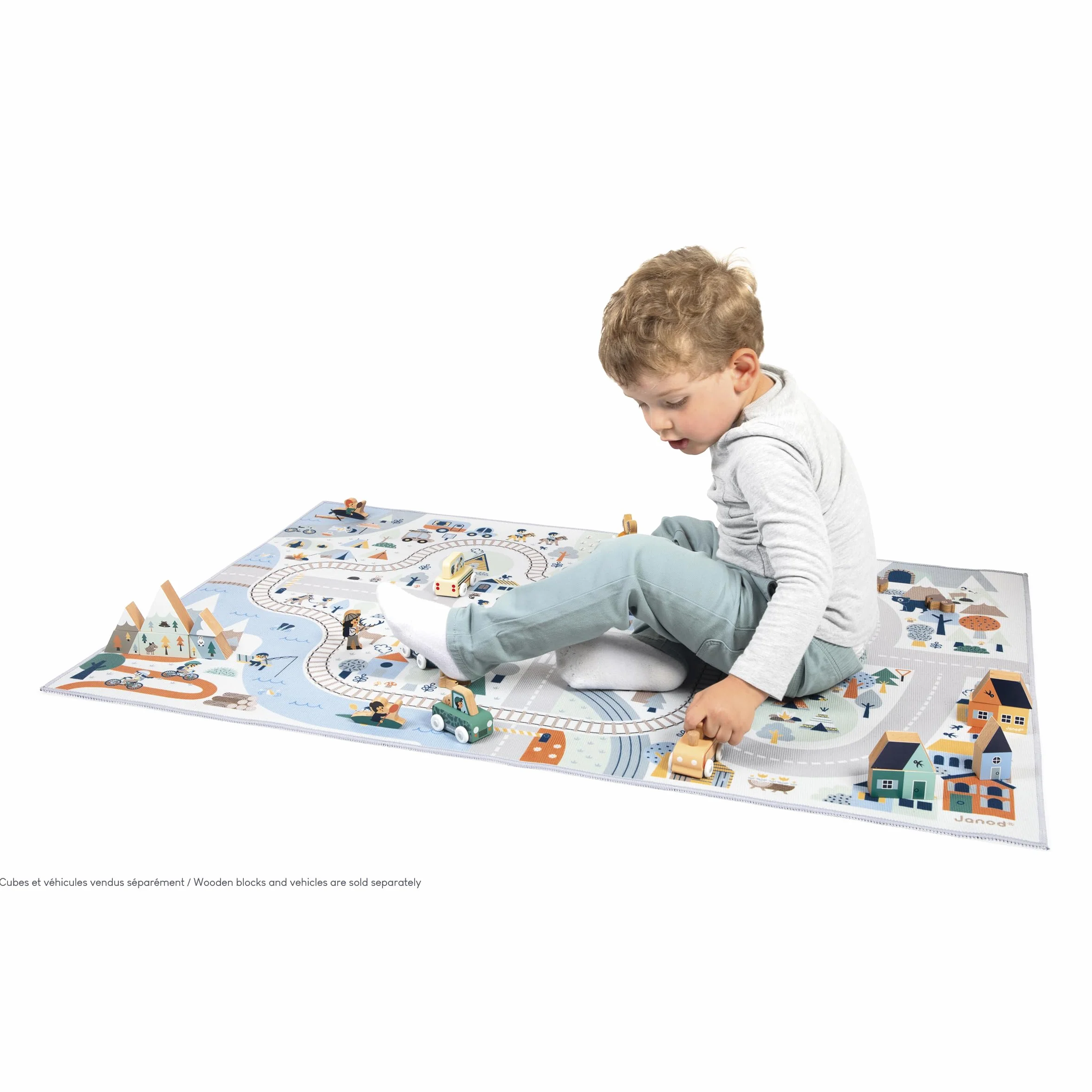 Janod Tapis de Jeux Voiture Enfant Thème Montagne Hiver 120 x 78cm Antidérapant Lavable à la Main