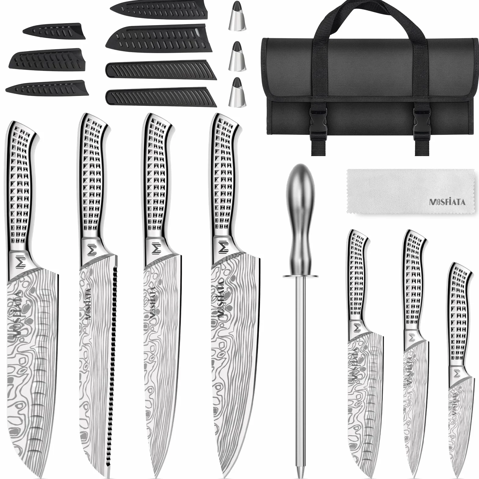 MOSFiATA Lot de 12 Couteaux de Cuisine en Acier Inoxydable Pour l'extérieur avec étui, Couteaux de Chef Tranchants, Protège-Doigts, Douilles de Sabre de Couteau, Baguette à Aiguiser, sac de Transport