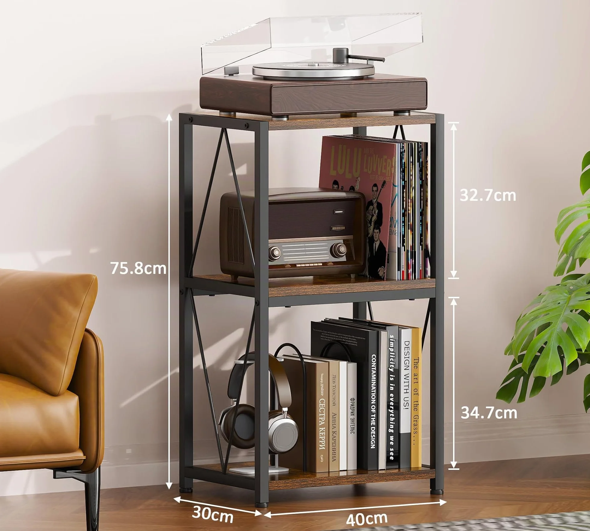HFHOME Rangement pour disques vinyles à 3 niveaux, table d'appoint, meuble pour platine vinyle pour rangement et affichage de disques, support pour platine tournante dans le salon, la chambre, la