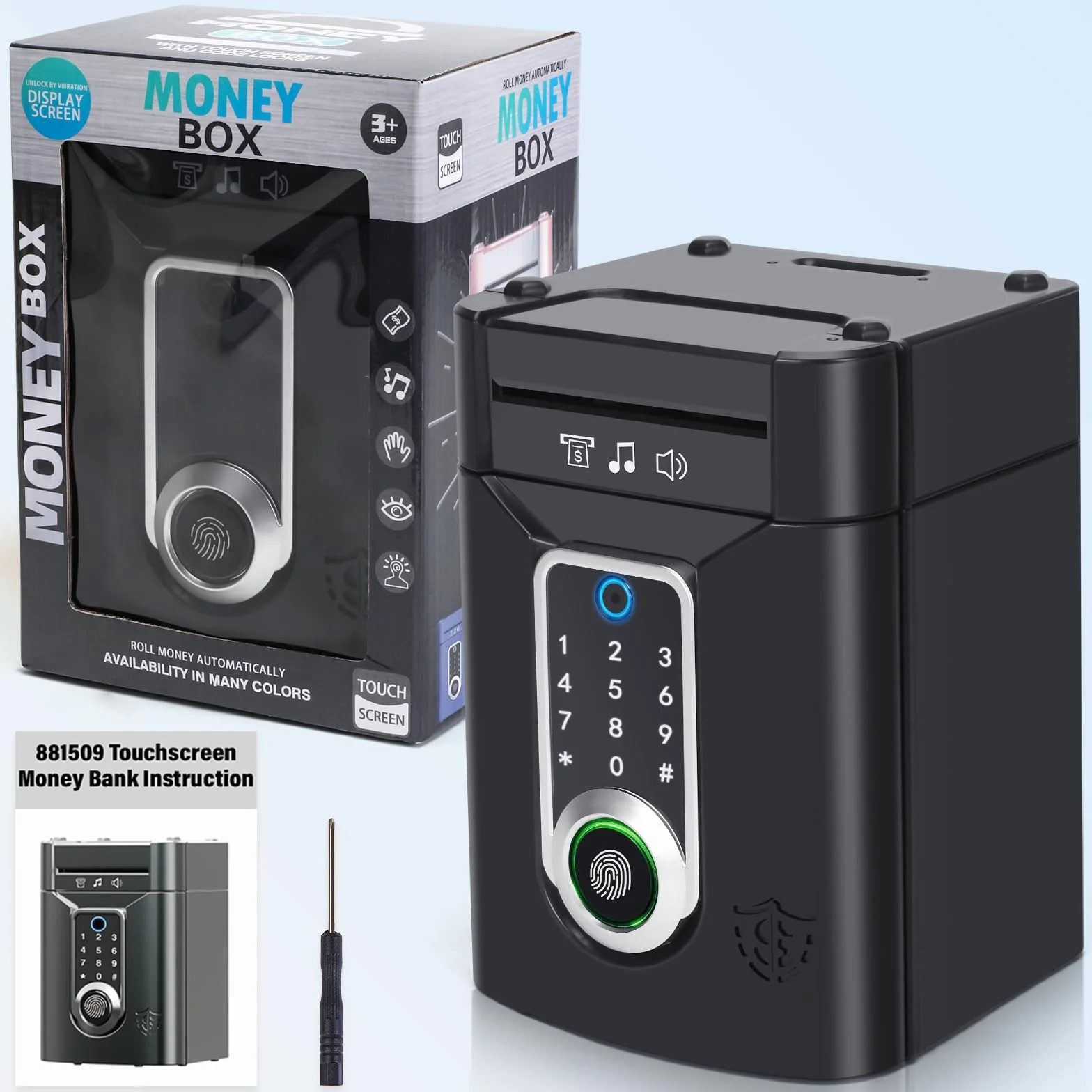 Tirelire Électronique Enfant avec Écran Tactile et Empreinte Digitale, Coffre-Fort Code, Cadeau 3-12 Ans Noir