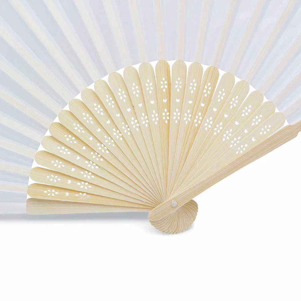 OLILLY - 50 Eventails de Qualité en Tissu Blanc et Bambou (Blanc, 50 Eventails) Pour Mariage et fiançailles