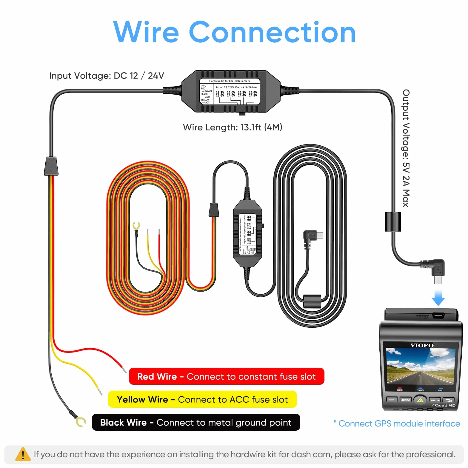 Viofo HK3 Kabel do twardego podłączenia dla A129, A129 Plus, A129 PRO, A129 IR, A119 V3, umożliwia tryb parkingowy, ochrona przed niskim napięciem (zestaw bezpiecznik tap nie wliczony)