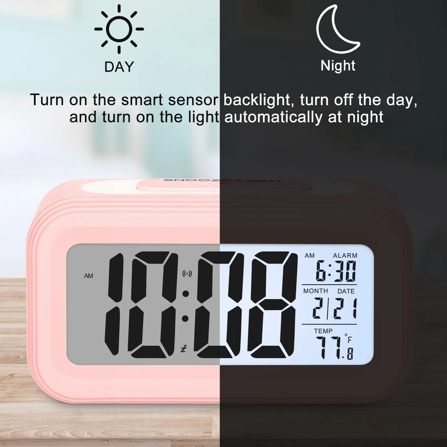 Réveil Numérique LED Silencieux avec Snooze Date Température, Rose