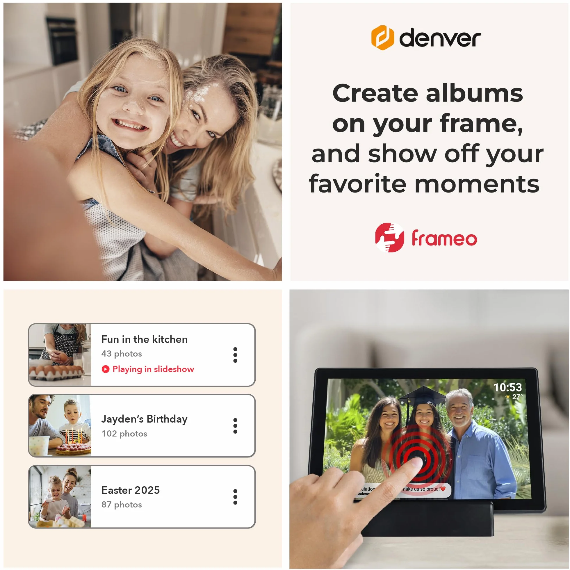 Denver PFF-1070B | cyfrowa ramka na zdjęcia Wi-Fi 10,1" z akumulatorem | ekran dotykowy HD IPS | aplikacja FRAMEO i pamięć 16 GB | czarna