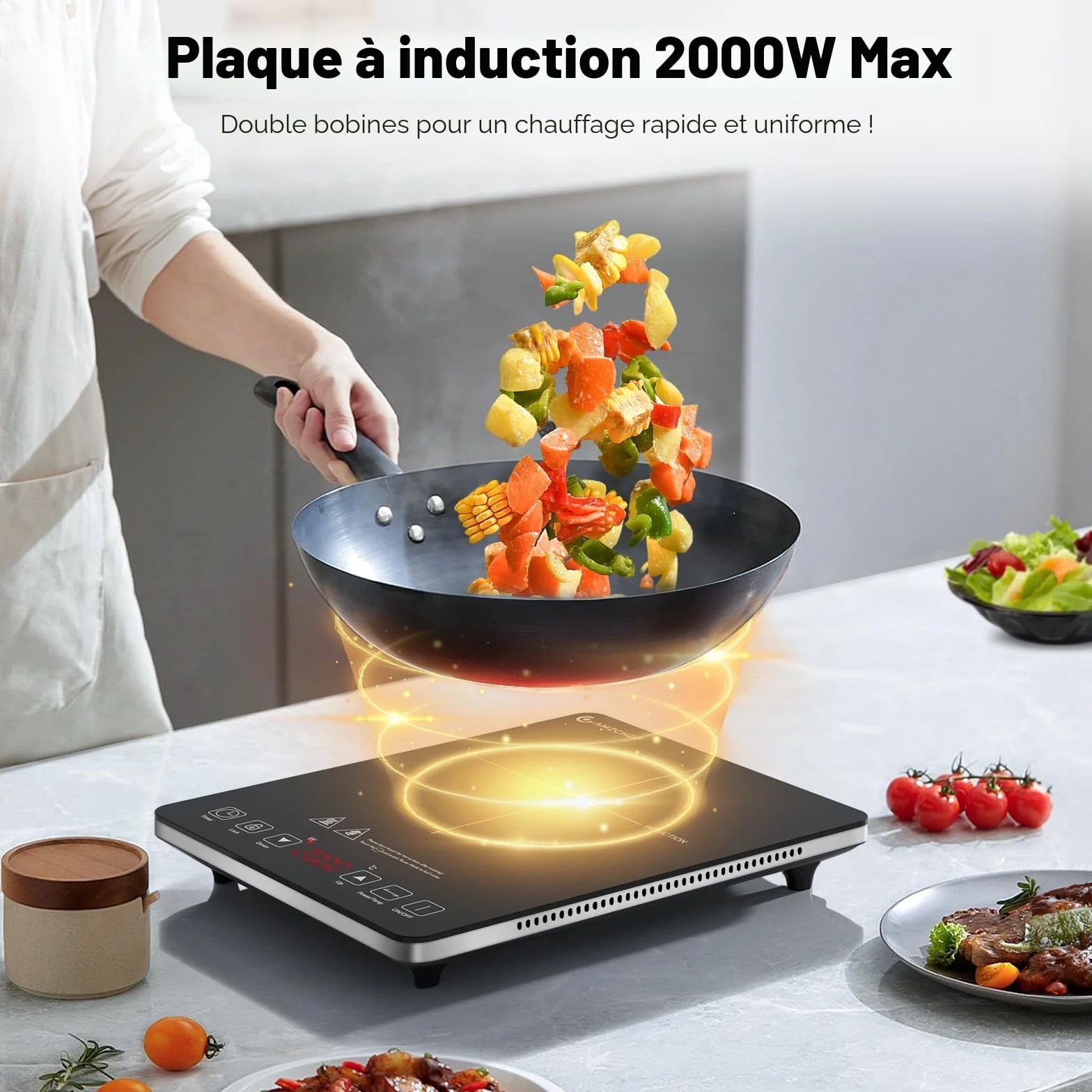 Plaque à induction, AMZCHEF Plaque Induction avec design ultra-mince,20 niveaux de température et 20 réglages de puissance, Plaque Induction 2000W avec minuterie de 3 heures,verrouillage de sécurité