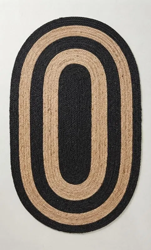 Tapis ovale en jute fait à la main Noir/beige 2,4 x 3,4 m