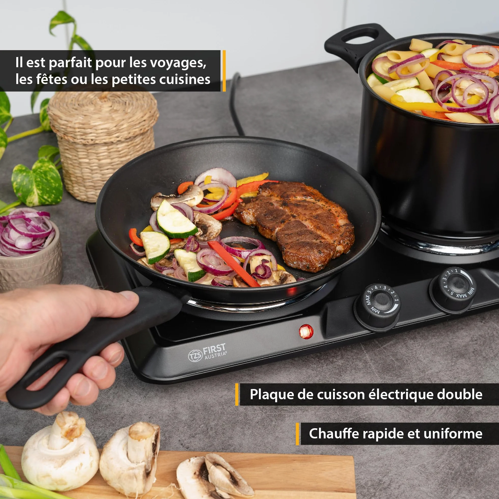 TZS First Austria - Double Plaque de Cuisson 2500W - Foyers en Fonte 180 & 150 mm - Thermostat Réglable - Réchaud Mobile pour Camping & Cuisine - Noir
