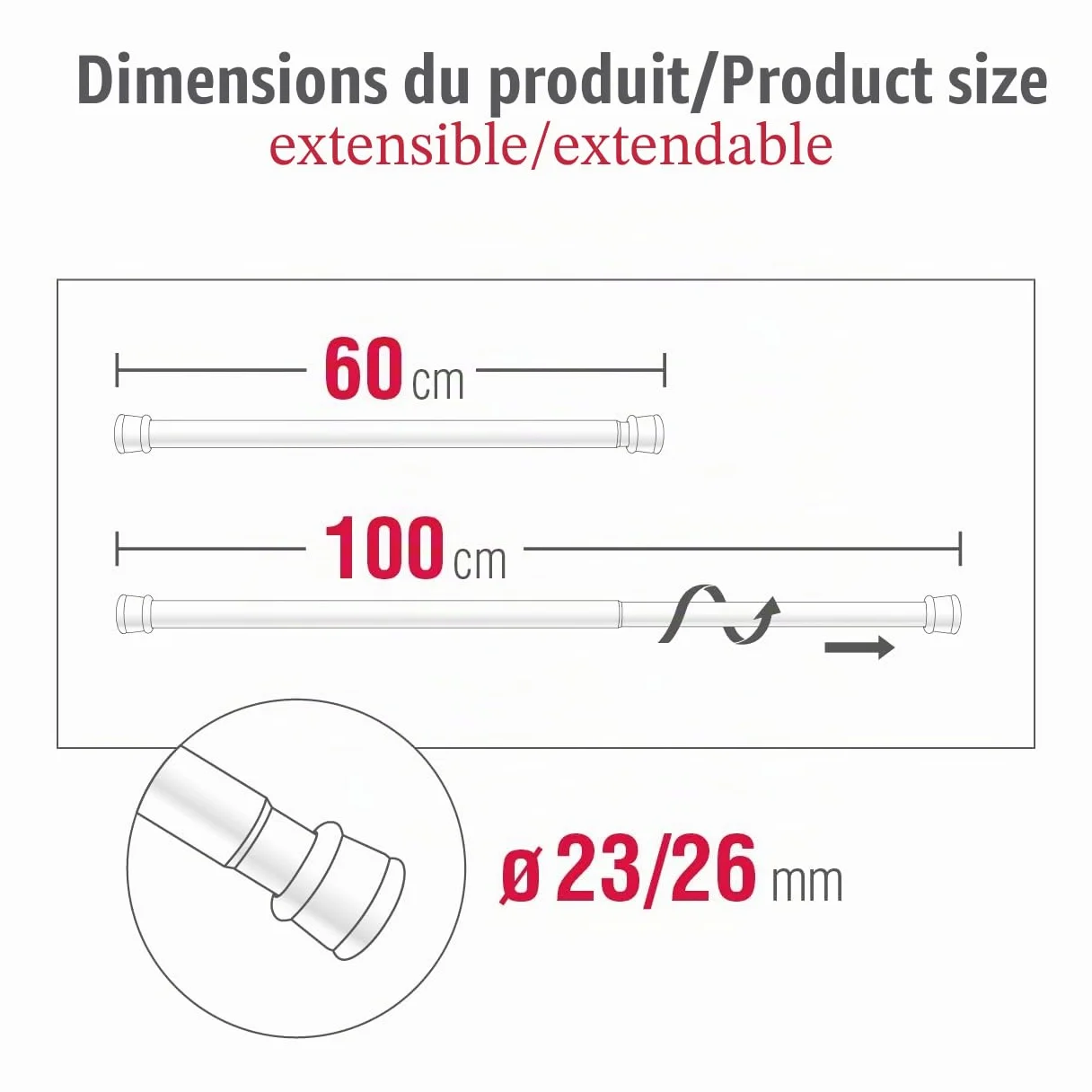 GARDINIA Tringle à Rideau Perçage Ø 23/26 mm blanc 60-100 cm Steel