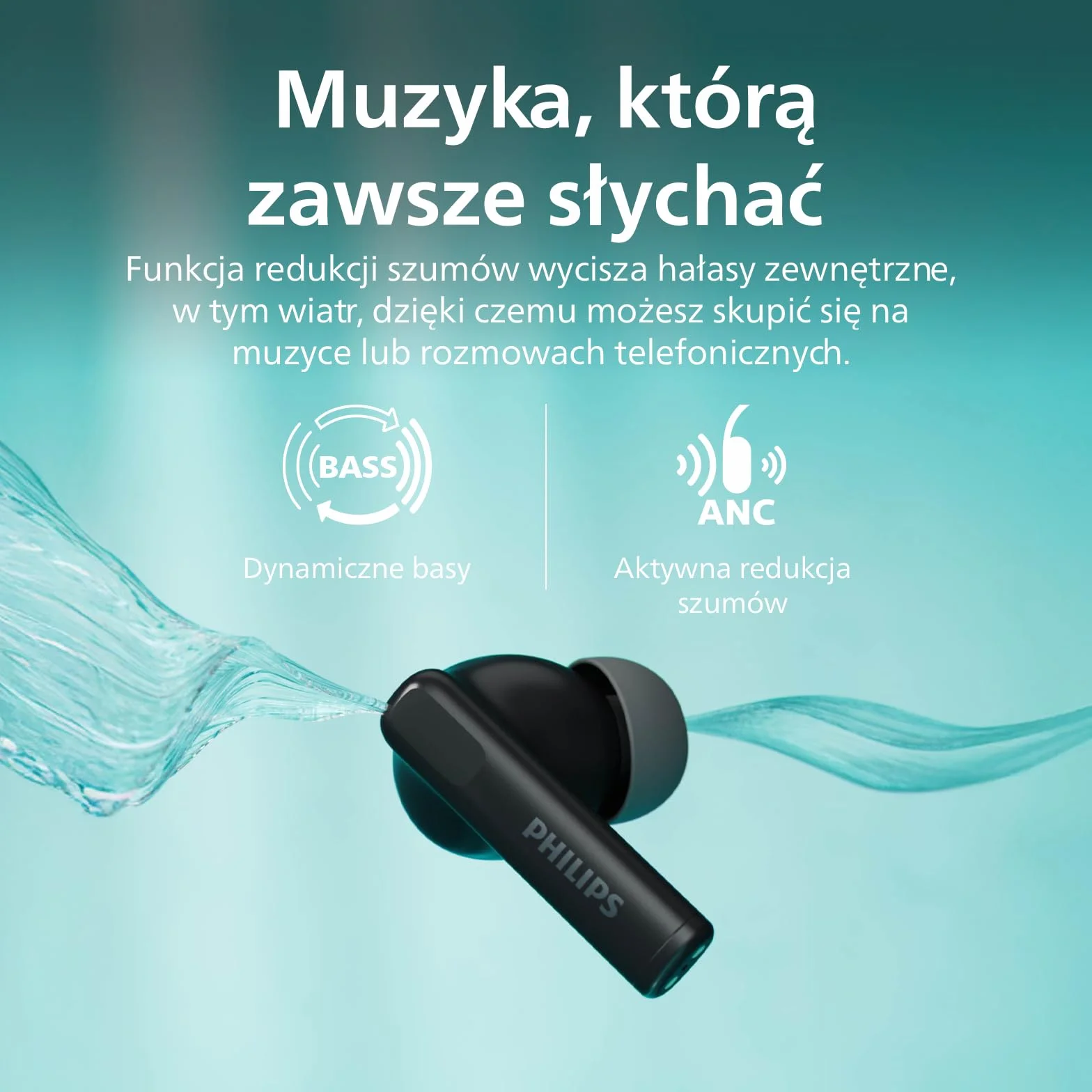 Philips TAT2520BK Słuchawki douszne z redukcją szumów Bluetooth True Wireless - małe końcówki, naturalny dźwięk, funkcja dynamicznego basu, kieszonkowe etui ładujące, wyraźne połączenia - czarne