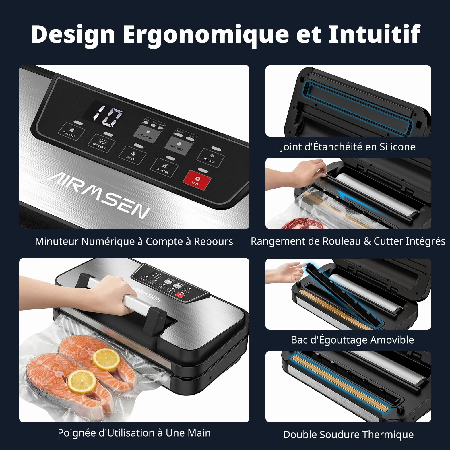 AIRMSEN 95 kPa Machine sous vide avec fonction gonflage, modes Sec/Humide, double scellage 30 cm, coupe-sac intégré, rouleau & bac amovible – conserve les aliments jusqu’à 8× plus longtemps