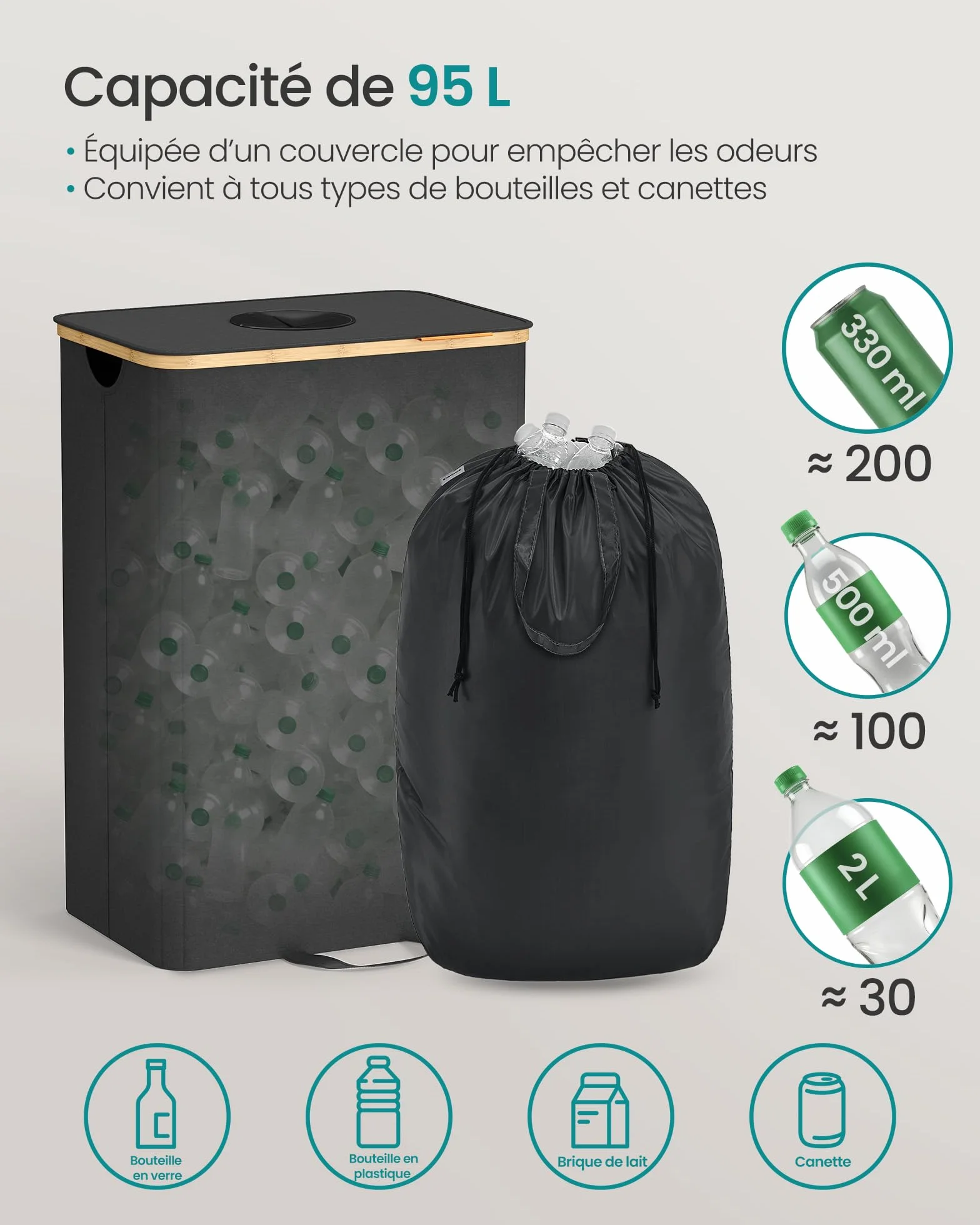 SONGMICS Poubelle de Recyclage 95 L pour Bouteilles et Canettes, avec Couvercle et Sac, Noir d'encre et Beige Naturel