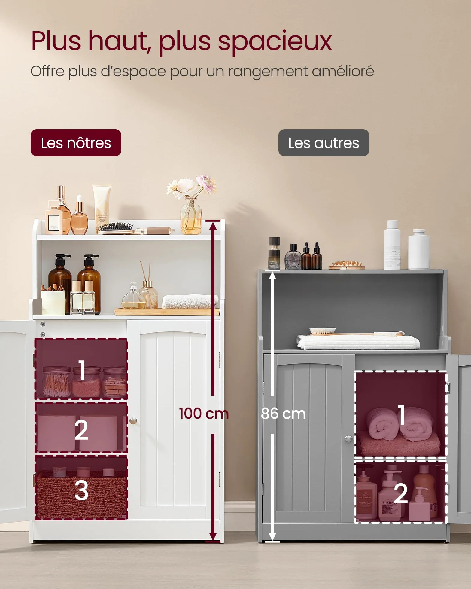 VASAGLE 100 cm de Hauteur Meuble de Salle de Bain, Meuble de Rangement, Armoire, 2 Portes, 2 Étagères Réglables, pour Salle à Manger, Cuisine, Salon, Blanc Nuage BBC770W01